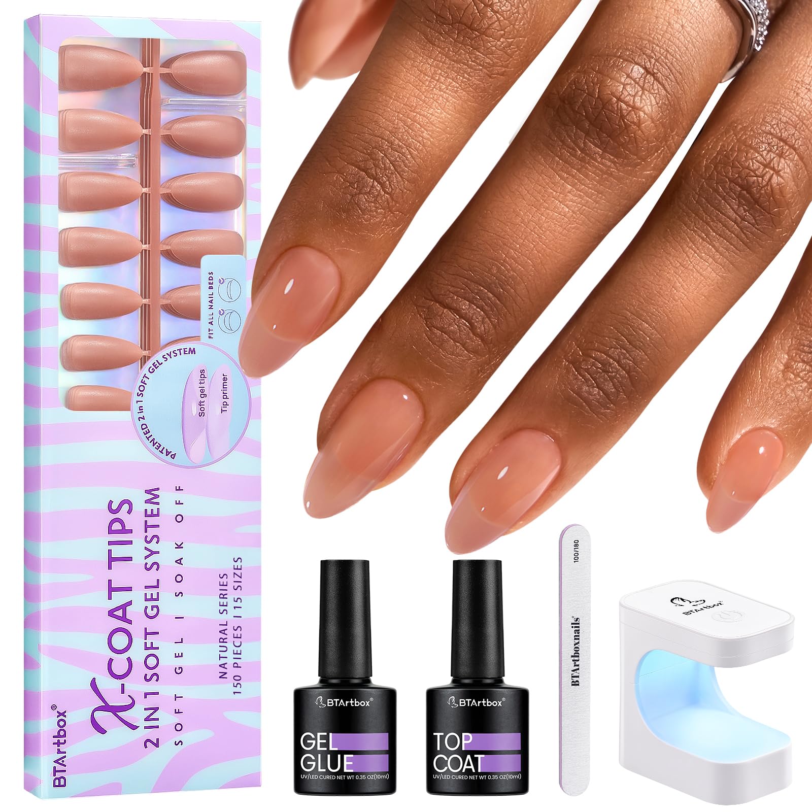BTArtbox Almond Nail Tips - 150pcs Medium Fake Nails Kit with Soft Gel, Nail Glue, Top Coat & UV Lamp | Pre-Colored Press On Nails for DIY Nail Art | Perfect for Home Manicure, Salon Use & Special Occasions