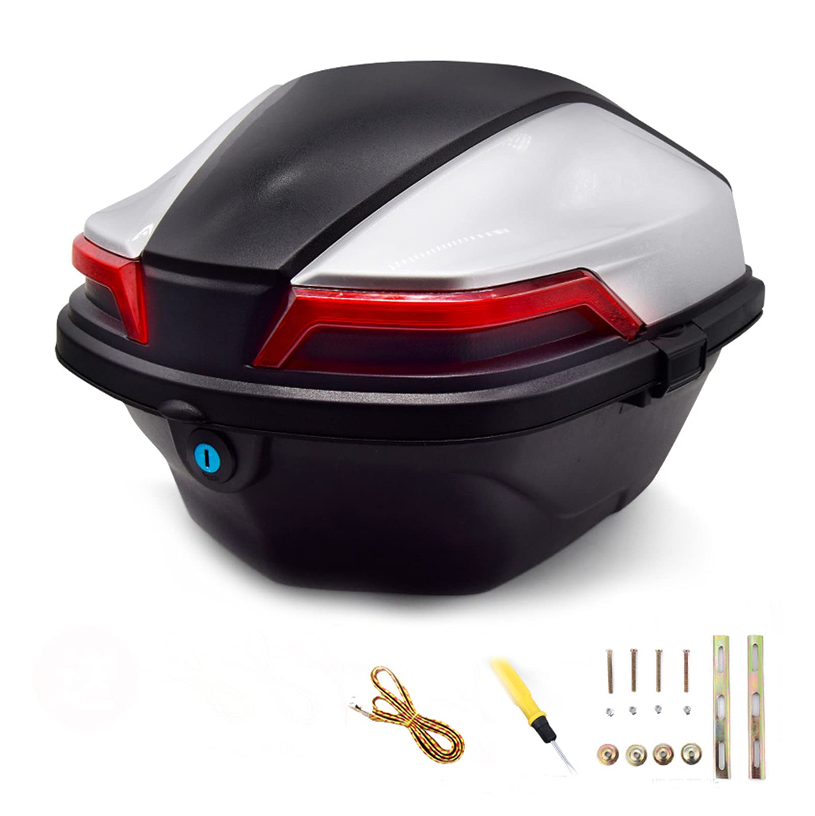 Motorcycle Touring Top Box - Waterproof Rear Luggage Storage Case with Mounting Hardware for Motorcycle & Scooter | Durable Silver Lockable Trunk for Commuting, Travel & Adventure Gear