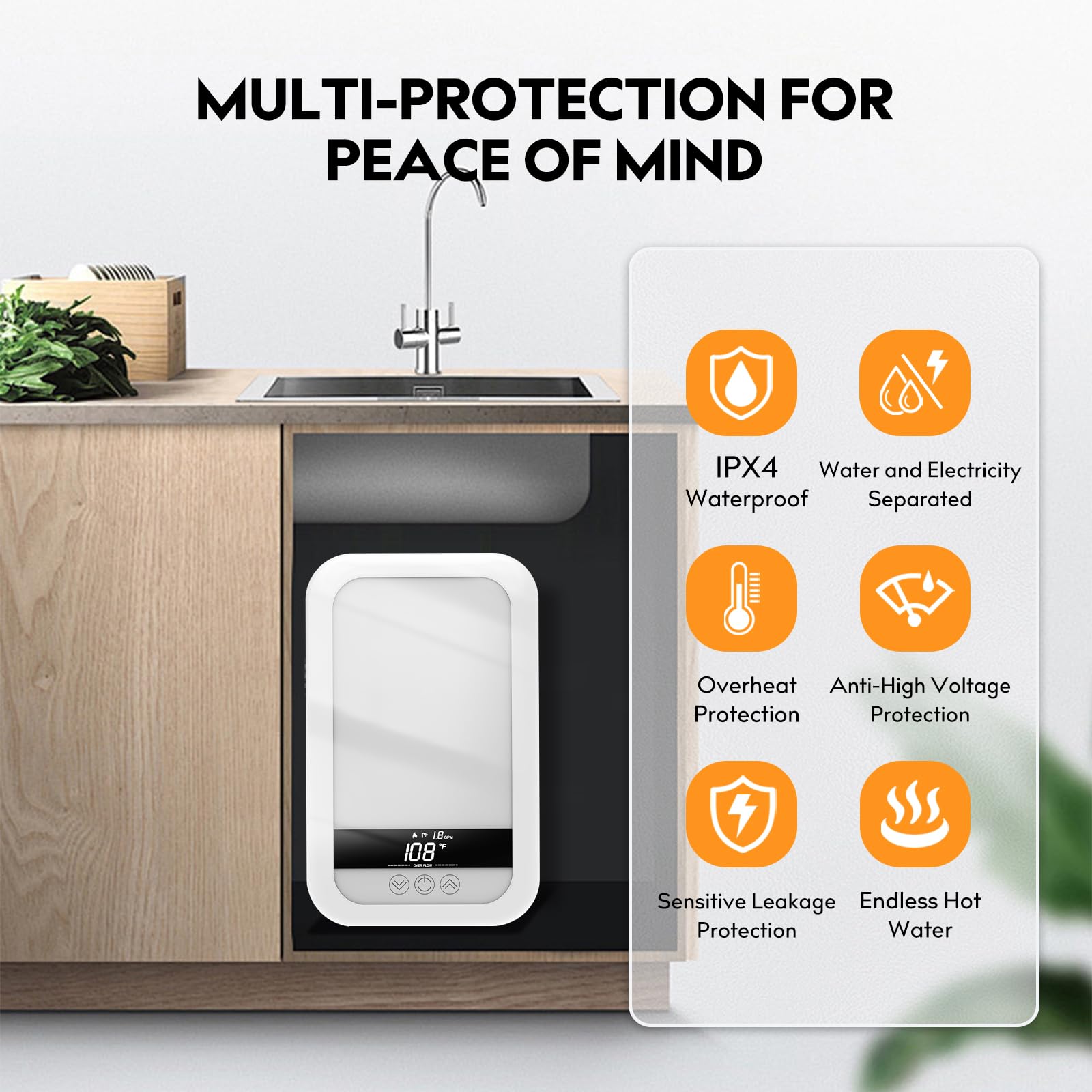 4500W Tankless Electric Water Heater 110V - Instant On-Demand Hot Water System with LCD Touch Screen for Under Sink Installation (White) - Perfect for Small Apartments, RVs, and Office Break Rooms