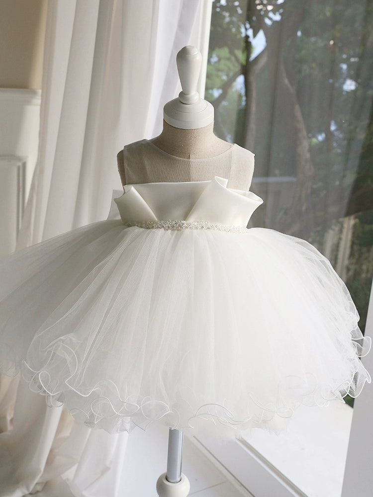 White Princess Round Tea Length Satin Flower Girl Dress for Weddings, Flower Girls & Special Occasions