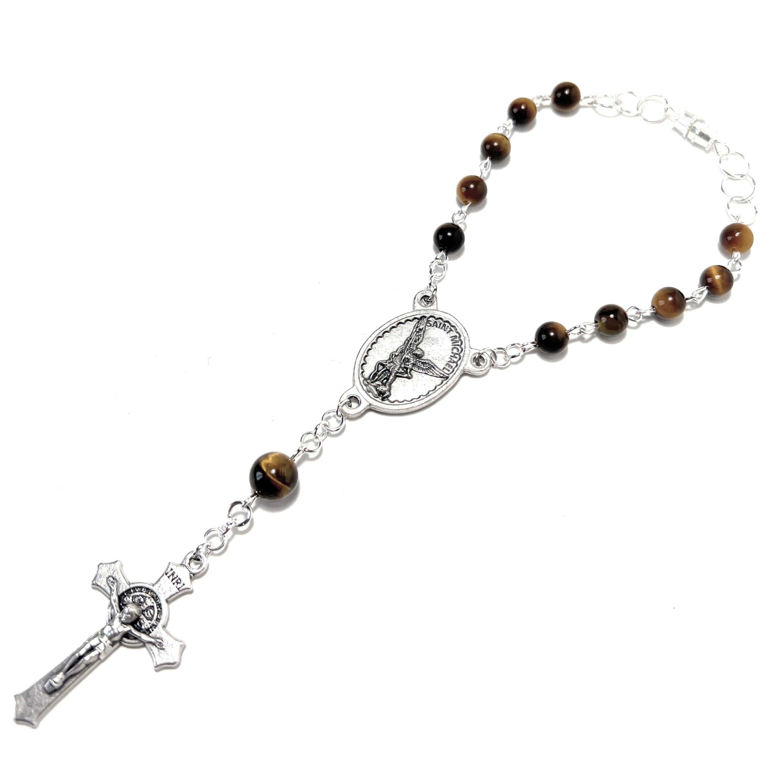 St. Michael the Archangel 1-Decade Car Rosary with Yellow/Brown Tiger Eye Beads - Rearview Mirror Prayer Beads for Safe Driving & Spiritual Protection