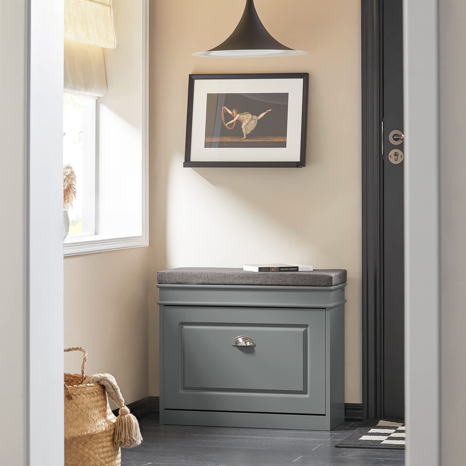 SoBuy FSR82-K-HG Shoe Cabinet with Flip-Drawer & Seat Cushion - Grey Hallway Shoe Bench, Shoe Rack & Storage Organizer - Perfect for Entryway, Mudroom, or Bedroom Closet Organization