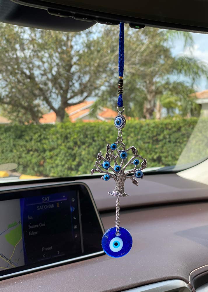 LUCKBOOSTIUM Blue Evil Eye Money Tree & Glass Evil Eye Wall Hanging - Spiritual Home Decor for Good Luck, Car Mirror Charm, Office Feng Shui Decorations (2.5” x 10”) | Bedroom, Living Room, Workspace Protection & Positive Energy