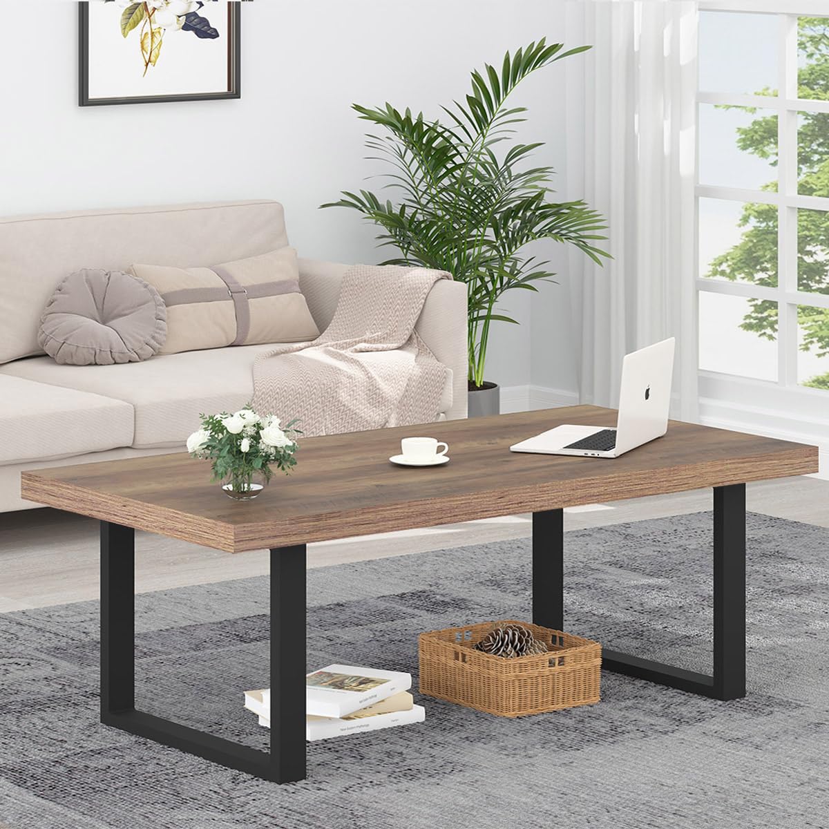 IBF Farmhouse Coffee Table - 47 Inch Modern Industrial Rectangle Center Table with Rustic Oak Finish, Wood & Metal Tea Table for Living Room, Bedroom, Office - Perfect for Cozy Gatherings & Home Decor