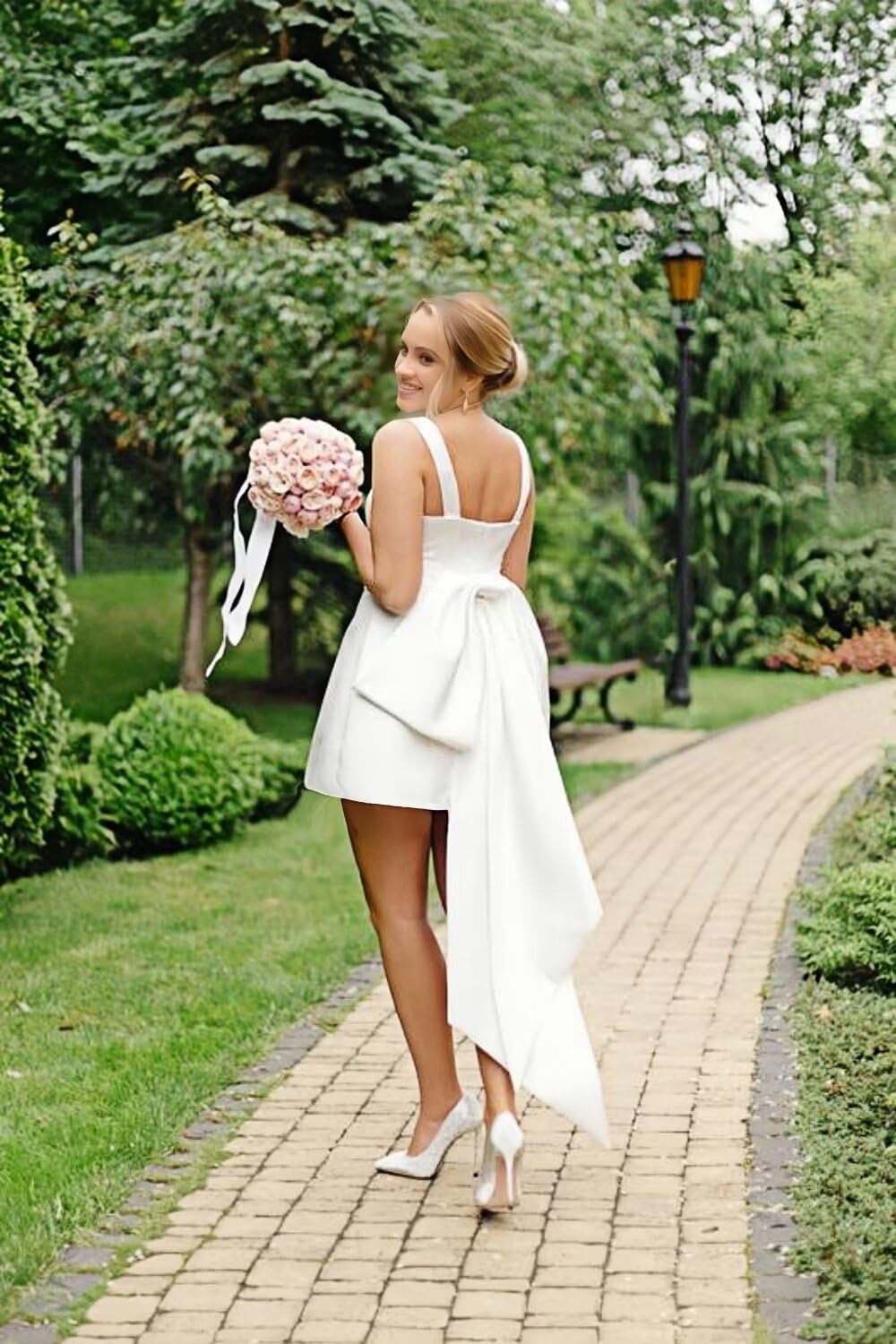 2024 Women's Satin A-Line Short Wedding Dress with Big Bow - Elegant Bridal Mini Dress for Cocktail Party, Prom & Formal Occasions