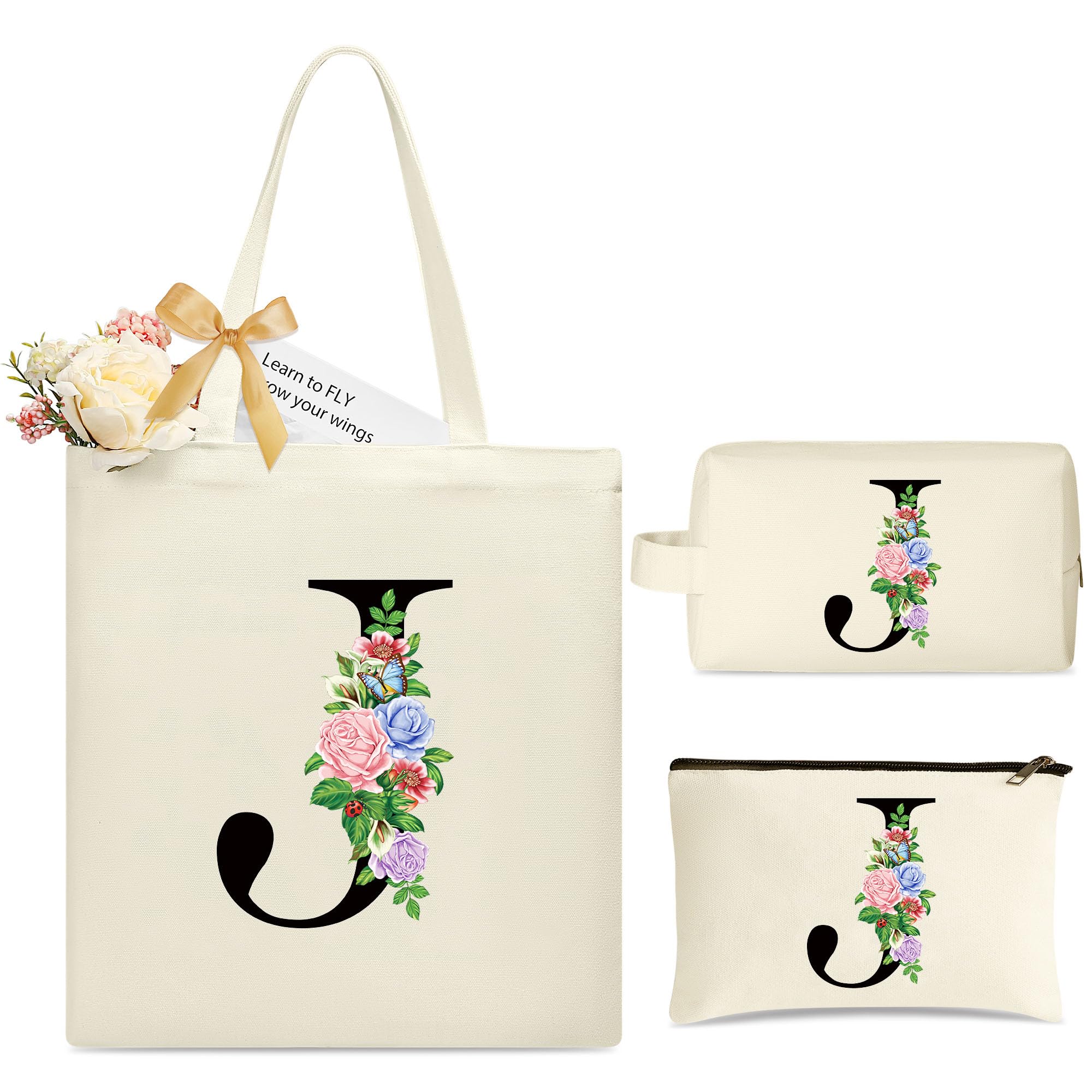 YOOLIFE Personalized Canvas Tote Bag for Women - Stylish Travel, Makeup & Cosmetic Bag - Perfect Gift for Her, Mom, Sister, Teacher, Bridesmaid or Coworker - Custom Initial Monogram - Ideal for Travel, Work, Beach & Everyday Use