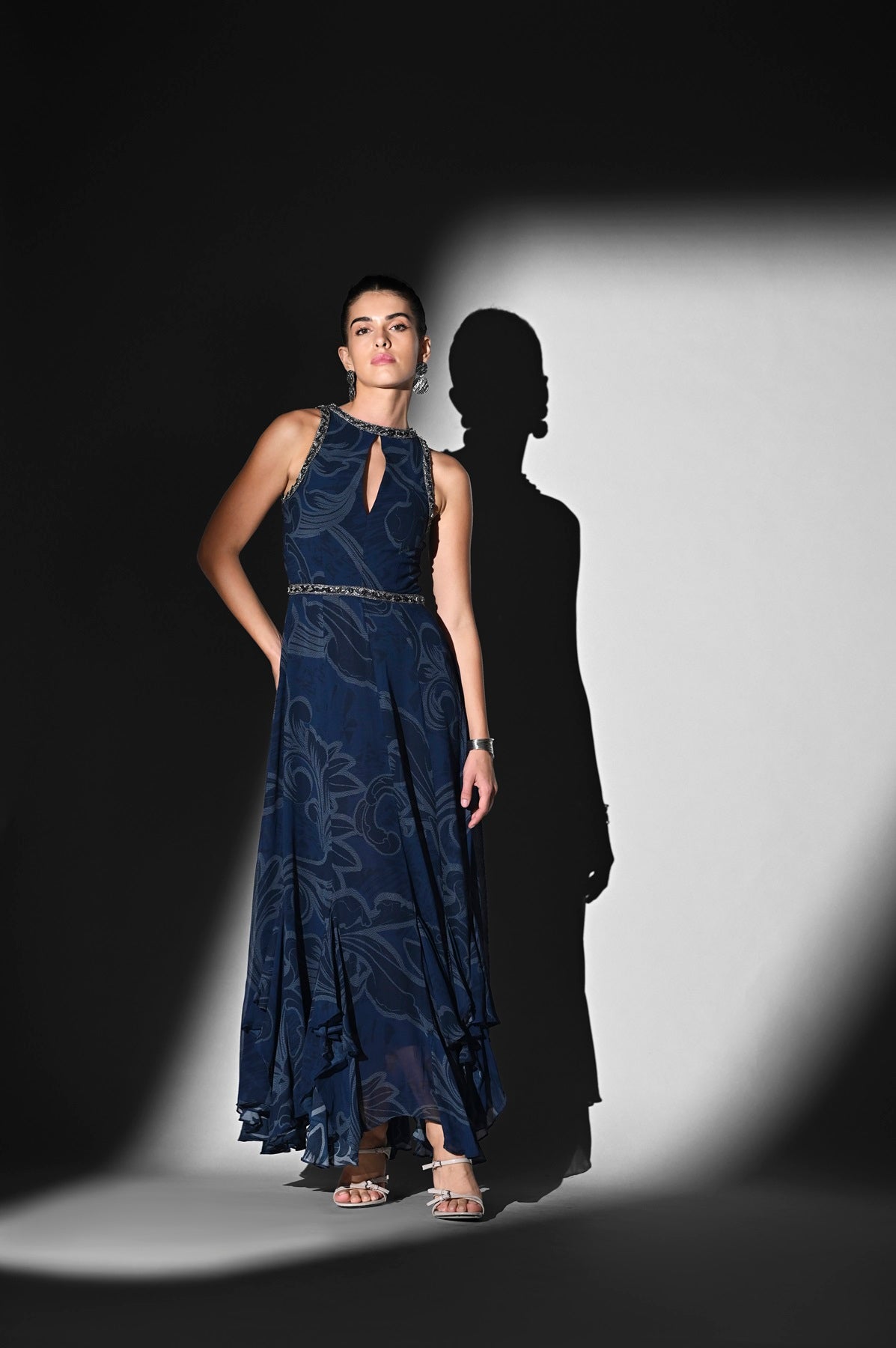 Indigo Swirl Print Dress with Silver Glass Cut Pipe Embroidery - Elegant Boho Maxi Dress for Women, Perfect for Summer Parties, Beach Vacations & Special Occasions