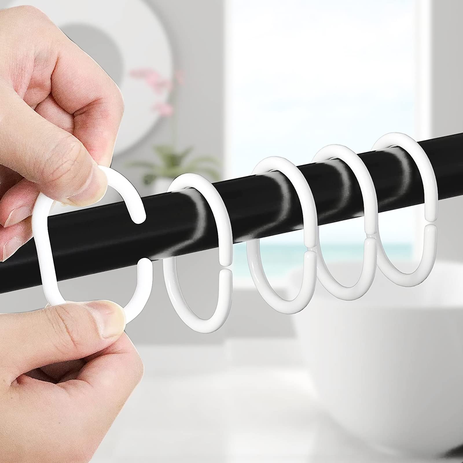 Qulable 24 Pack White Plastic Shower Curtain Hooks - C-Shaped Rings for Bathroom Drapes, Window Rods & Closet Organizers - Smooth Glide Hangers for Easy Curtain Adjustment