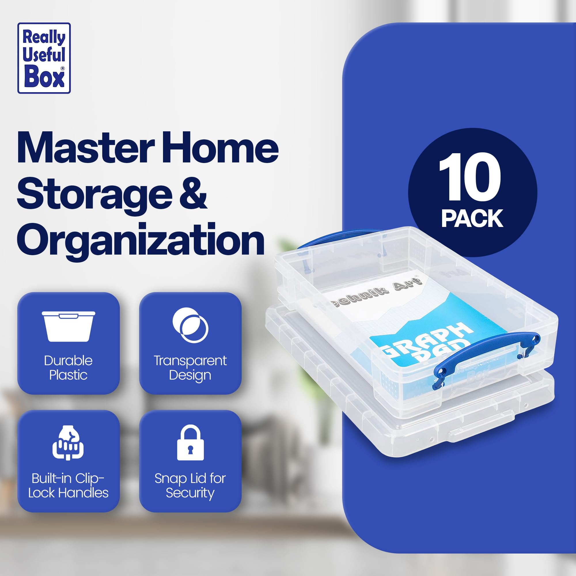 Really Useful Box 4L Storage Container with Lid & Clip Lock Handles - 10 Pack | Organize Home, Office & Craft Supplies | Durable Plastic Storage Bins for Closet, Kitchen & Garage Organization