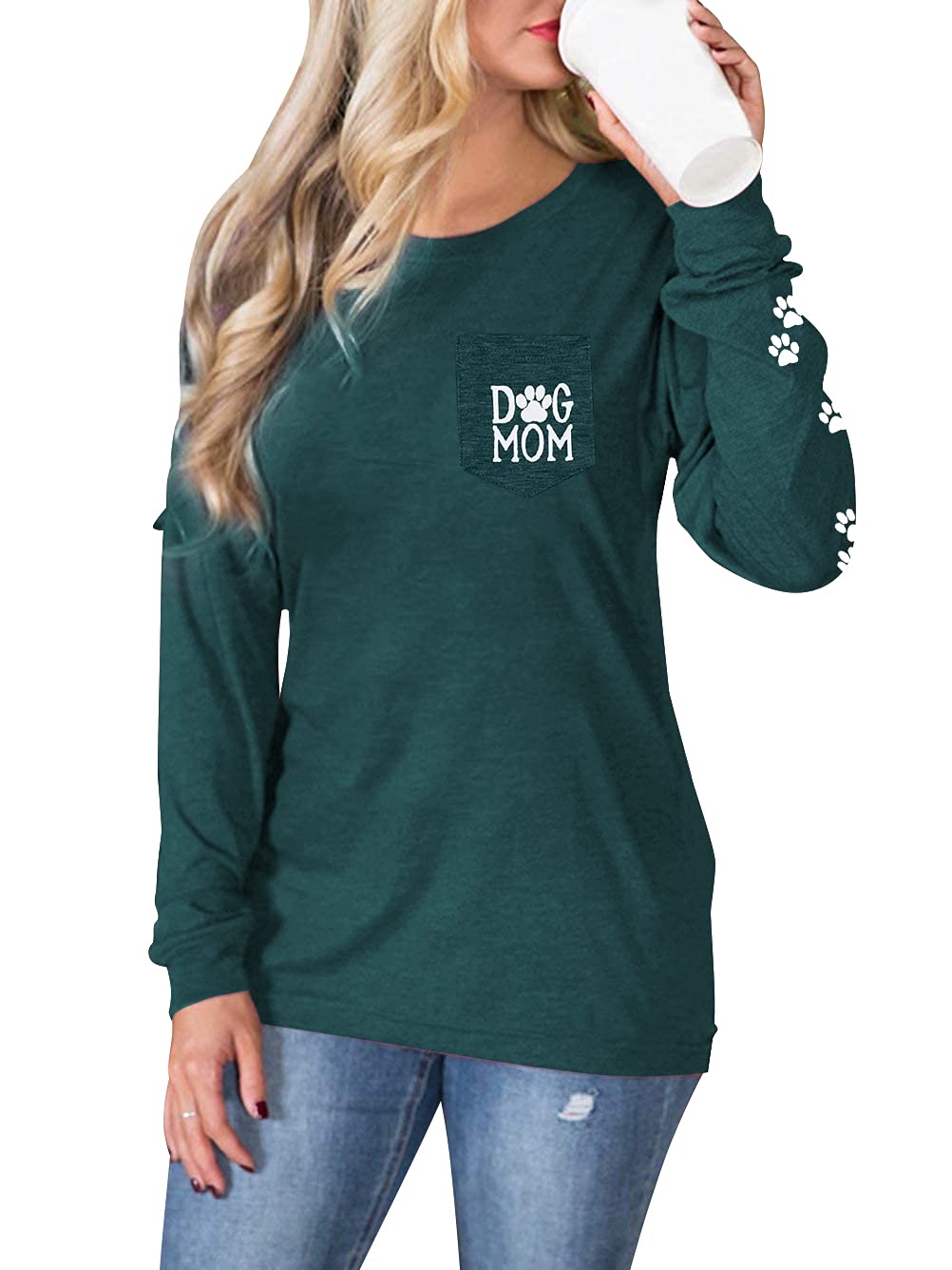 Women's Dog Paw Print Pullover - Cute Dog Mom Graphic Tee with Patch Pocket | Long Sleeve Casual Shirt for Dog Lovers | Perfect for Pet Owners, Dog Walks & Cozy Outings