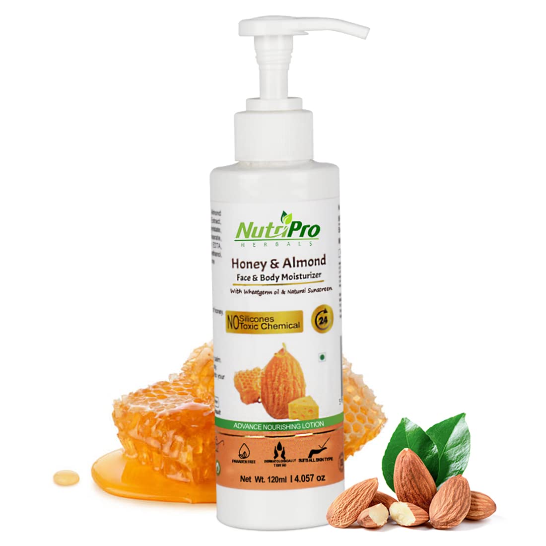 NutriPro Honey & Almond Face & Body Moisturizer with Wheat Germ Oil - Non-Sticky Hydrating Lotion for Women & Men | Paraben & Silicone Free | Deep Nourishing for Dry Skin | Perfect for Daily Use, After Shower & Night Care (120ml)
