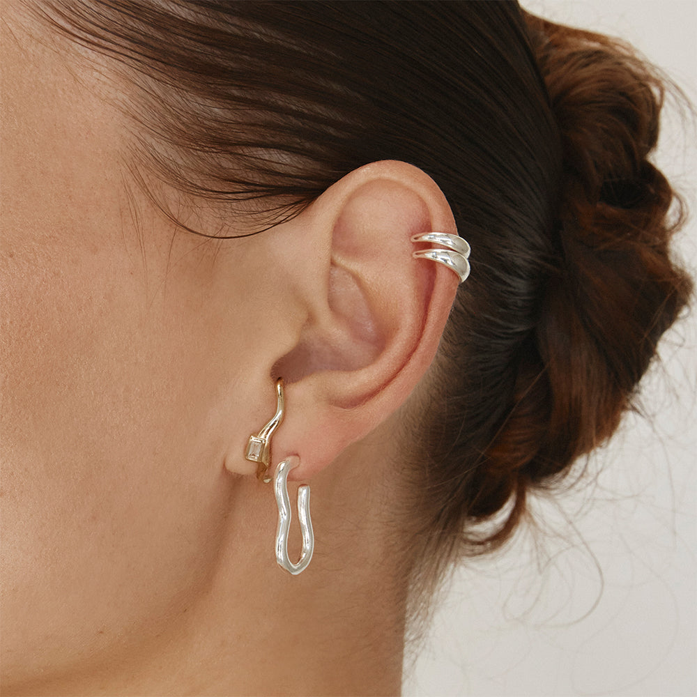 White Topaz Baguette Wave Suspender Bar Earrings in Gold - Elegant Dangle Earrings for Women, Perfect for Weddings, Parties & Evening Events