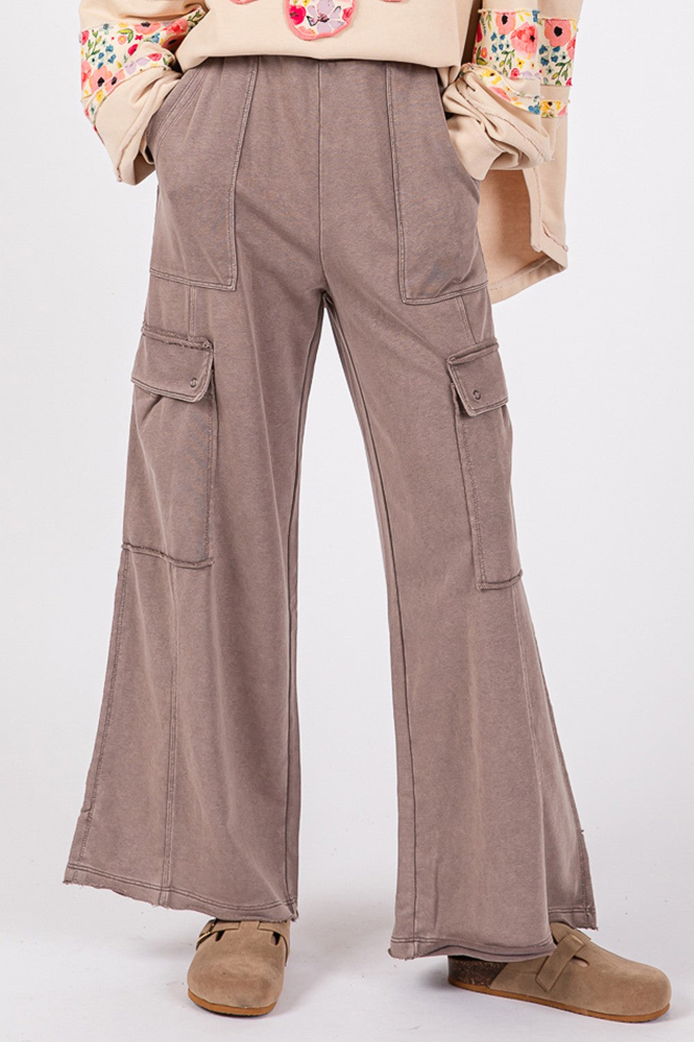 SAGE + FIG Women's Knit Terry Mineral Wash Wide Leg Pants - Soft Lounge Pants for Yoga, Travel & Casual Wear