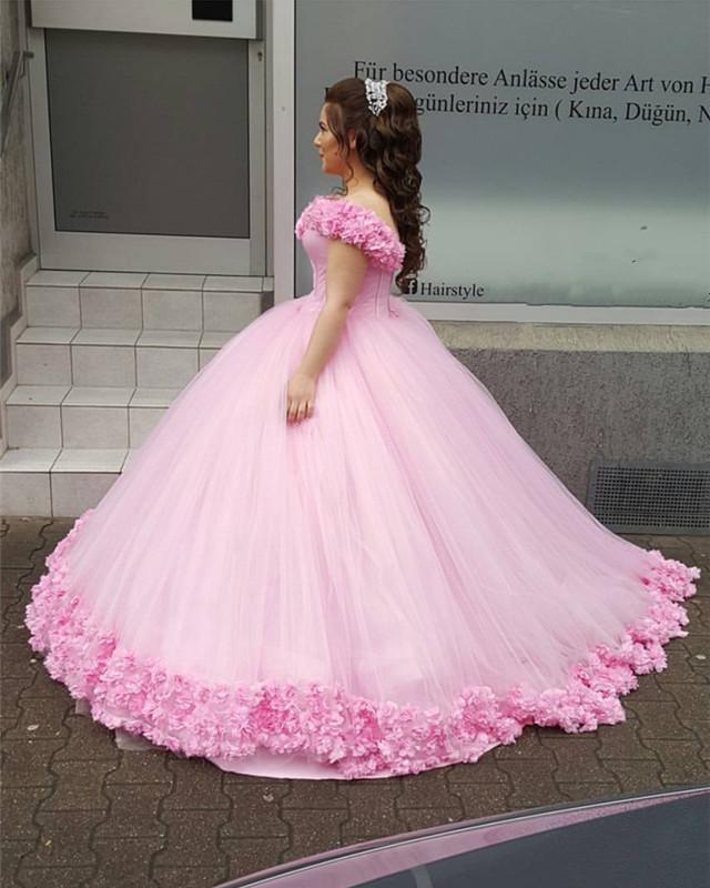 Elegant Blush Pink Tulle Ball Gown with Floral Embroidery - Off Shoulder Wedding Dress for Brides, Prom & Formal Events