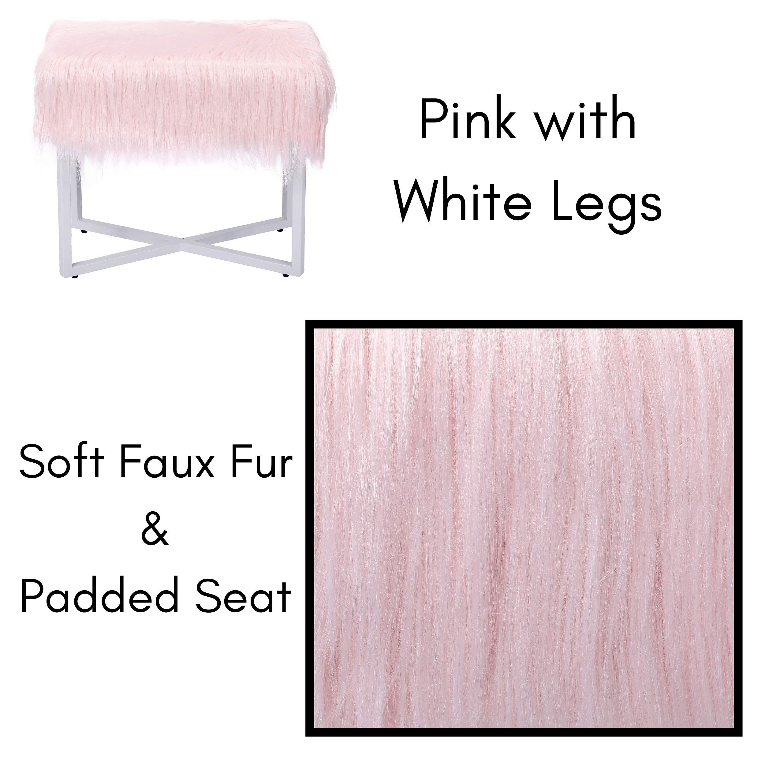 BIRDROCK HOME Small Pink Rectangular Faux Fur Vanity Stool Ottoman with White Metal Legs - Fluffy Makeup Seat & Cute Footrest - Perfect for Bedroom, Dressing Table, Girls Dorm or Office Desk - Compact Chair for Home Decor & Vanity Area