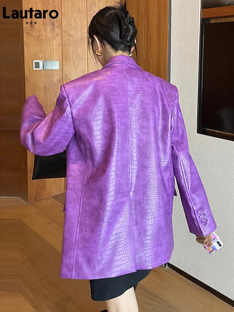 Stylish Oversized Purple Crocodile Print Faux Leather Blazer for Women - Long Sleeve Double Breasted Y2K Fashion Jacket | Perfect for Office Wear, Night Out & Retro Outfits