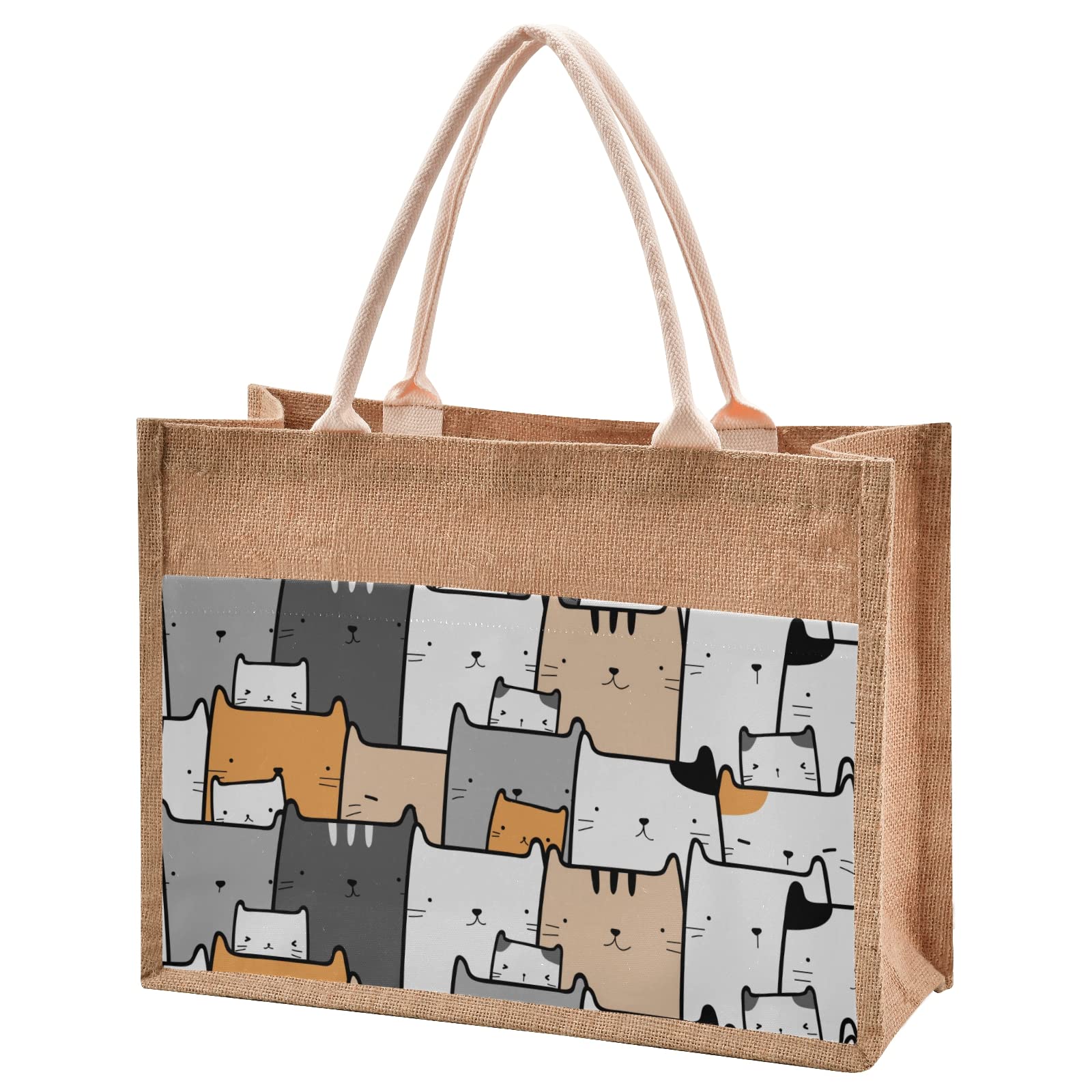 Stylish Jute Tote Bag with Cute Cartoon Cat Print - Fashionable Women's Handbag in 4 Sizes (Small/Medium/Large/XL) - Perfect for Shopping, Beach, Work & Daily Use