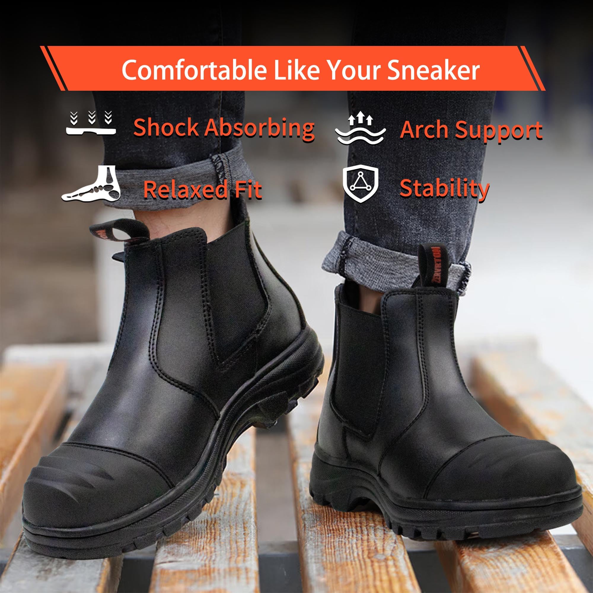 **ZERVRTON Men's Steel Toe Work Boots - Slip-On Industrial & Construction Safety Shoes - Waterproof, Non-Slip, Lightweight & Comfortable - Ideal for Construction, Warehouse & Outdoor Work**