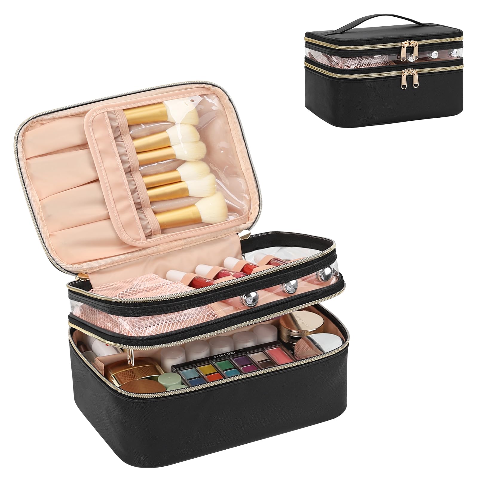 OCHEAL Double Layer Large Capacity Makeup Bag for Women - Travel Cosmetic Organizer with Handle & Divider - Perfect for Travel, Gym & Daily Use - Black