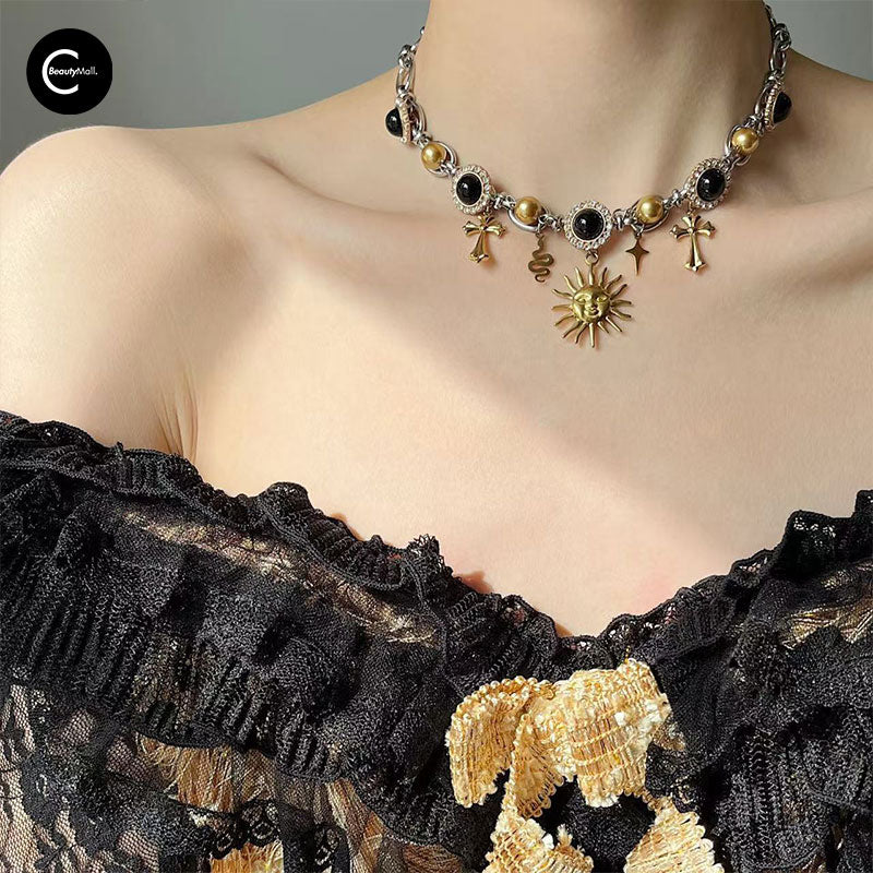 LATAO Medusa Black Gold Cross Sun Pearl Vintage Necklace for Women - Gothic Jewelry, Fashion Statement, Perfect for Parties, Weddings & Special Occasions