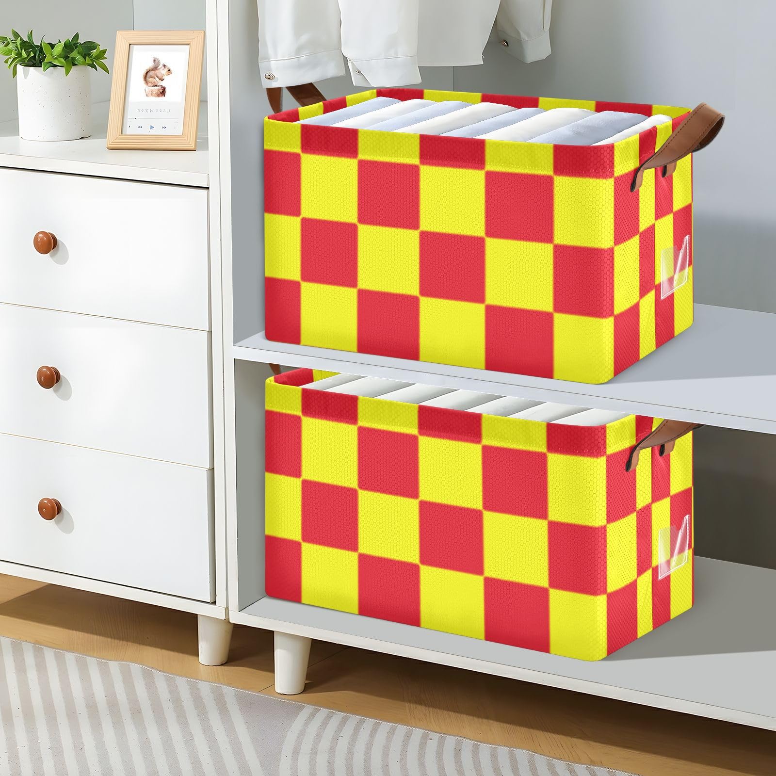 Buffalo Plaid Check Red Yellow Foldable Storage Baskets - 2 Pack Collapsible Fabric Bins with Handles for Clothes, Bedroom, Office & Closet Organization | Perfect for Seasonal Decor & Home Storage Solutions