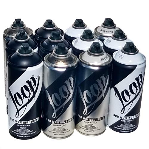 12-Pack Loop 400ml Premium Spray Paint Set for Graffiti, Urban Street Art & Murals - Black & White Details Kit | Professional Quality for Artists, DIY Projects & Wall Decor