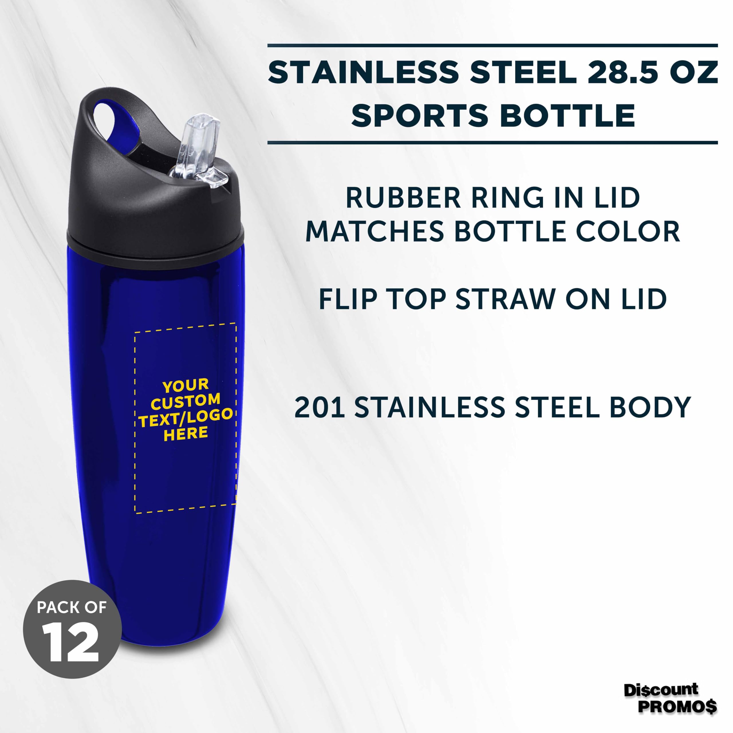 Custom Stainless Steel Water Bottles 12 Pack - 28.5oz Personalized Metal Sports Bottles with Flip Top Lid, Leak Proof, Easy Carry Handle (Blue) - Ideal for Gym, Hiking, Office & Outdoor Activities