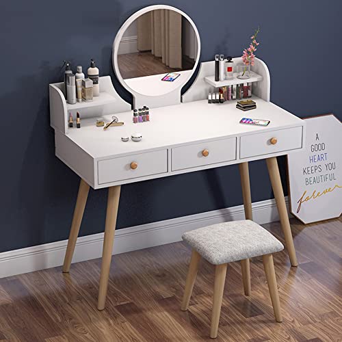 White Round Wooden Makeup Vanity Desk Set with Mirror & 3 Drawers - 100cm Large Corner Dressing Table with Square Stool for Bedroom, Perfect for Makeup Application and Beauty Storage