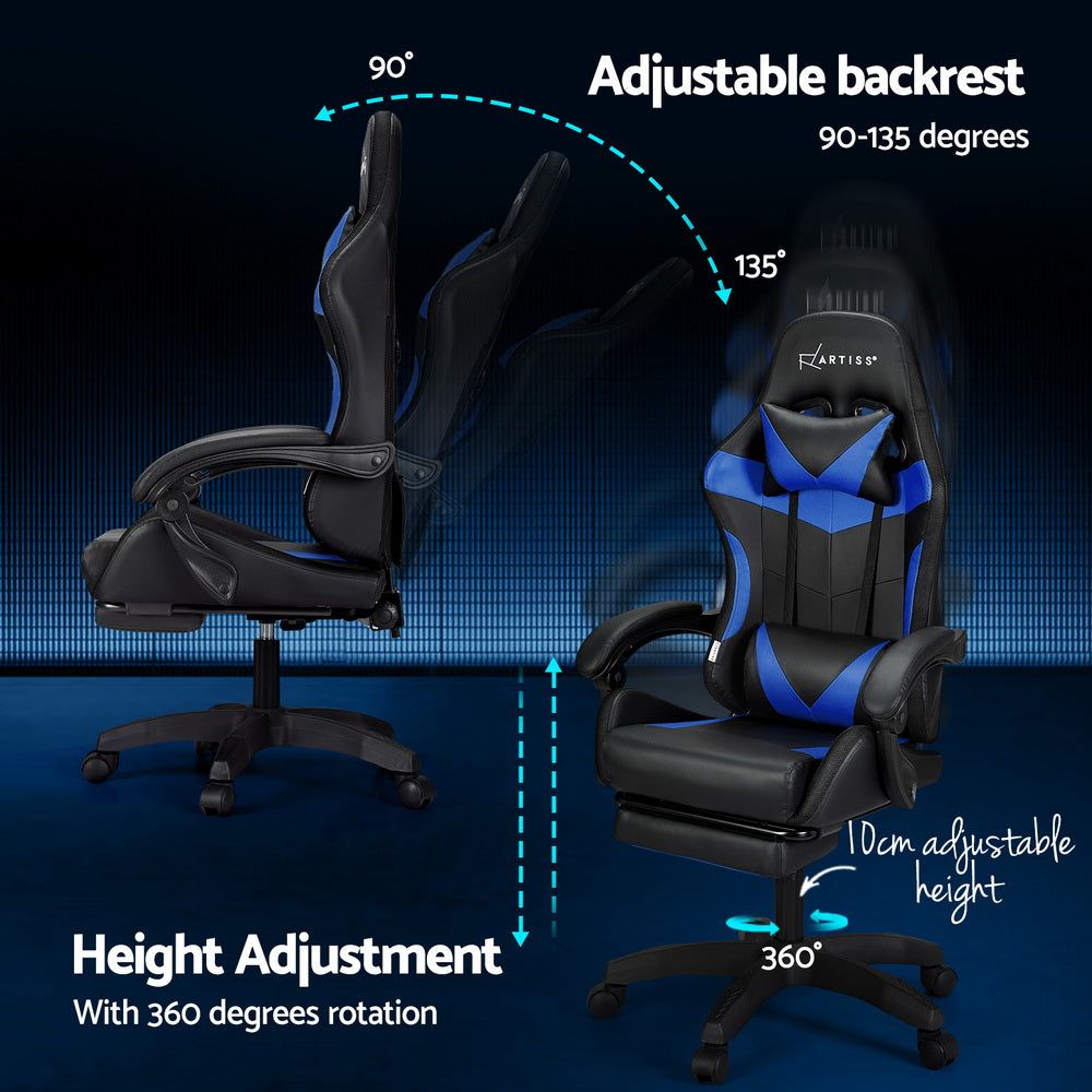Artiss 6-Point Massage Gaming & Office Chair with LED Footrest - Blue - Perfect for Home Office, Gaming Setup & Relaxation