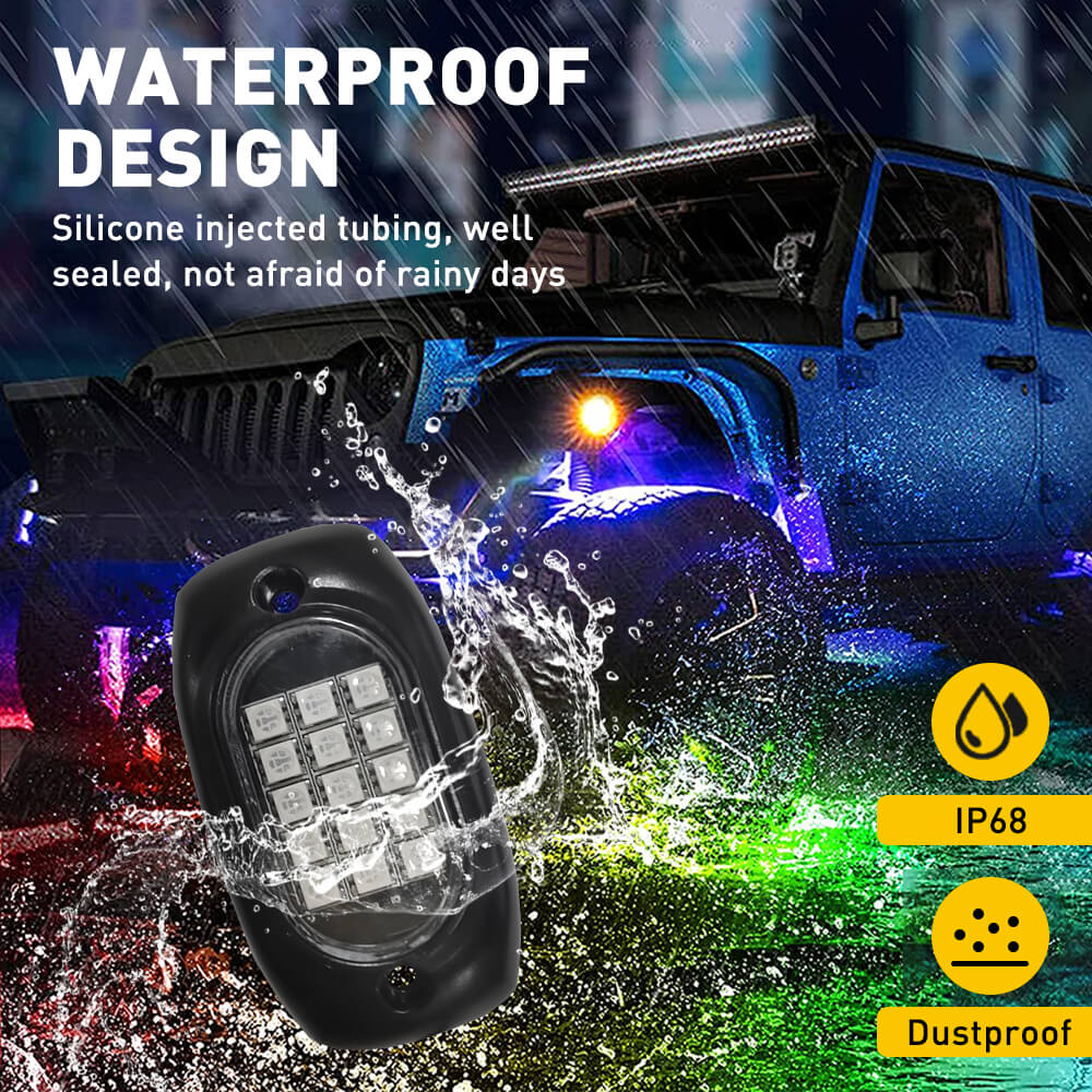 RGB LED Pod Rock Lights Kit - Wireless APP Control, Music Sync & Chasing Effects Underbody Neon Lights for 12V SUV, Jeep, Truck (15 LEDs Per Light) - Perfect for Off-Roading, Car Shows & Night Driving