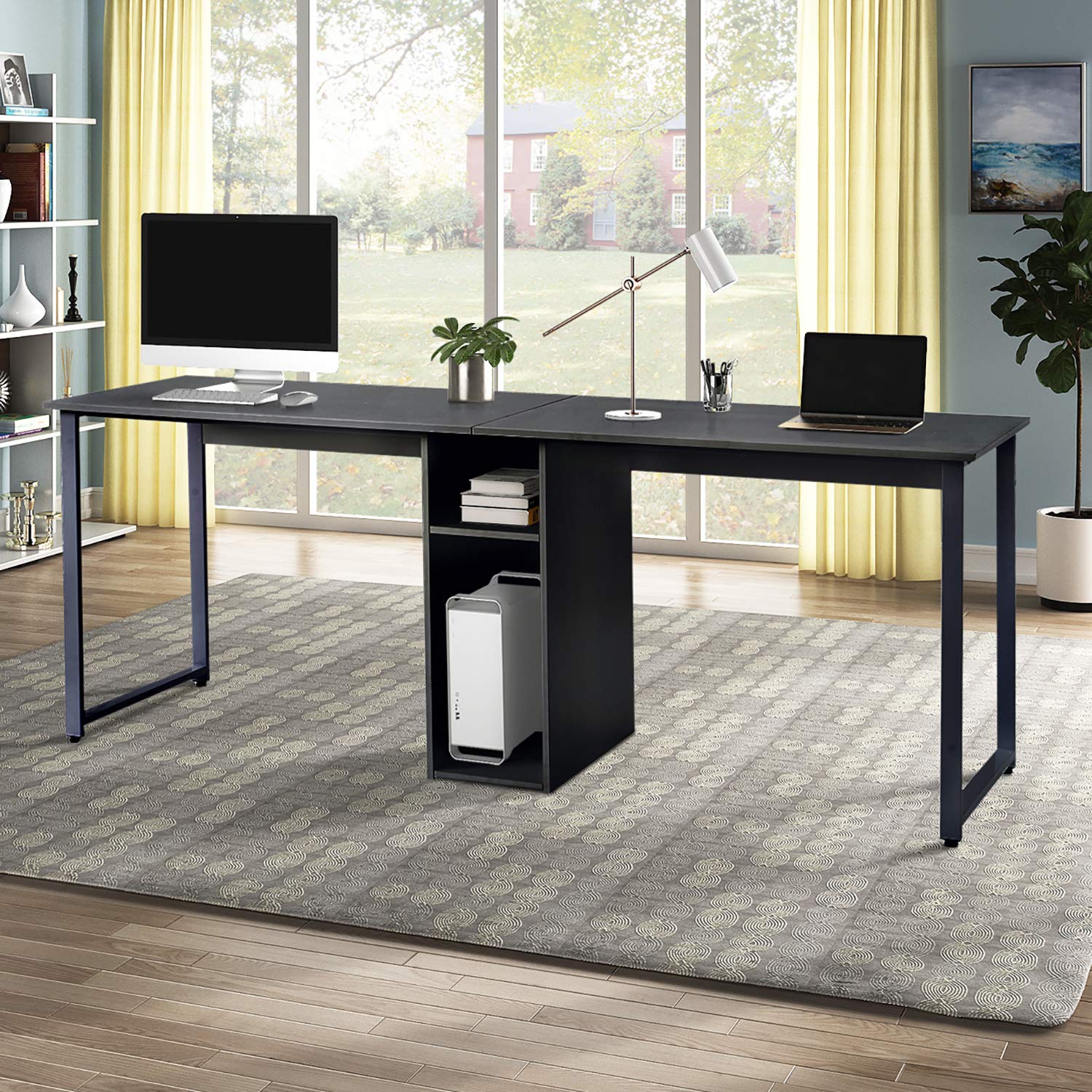 Extra Large Two Person Desk - Double Home Office Computer Desk with Two-Layer Storage Shelf | Black Multipurpose PC Workstation for Couples, Roommates & Shared Workspaces | Perfect for Home Office, Study & Remote Work