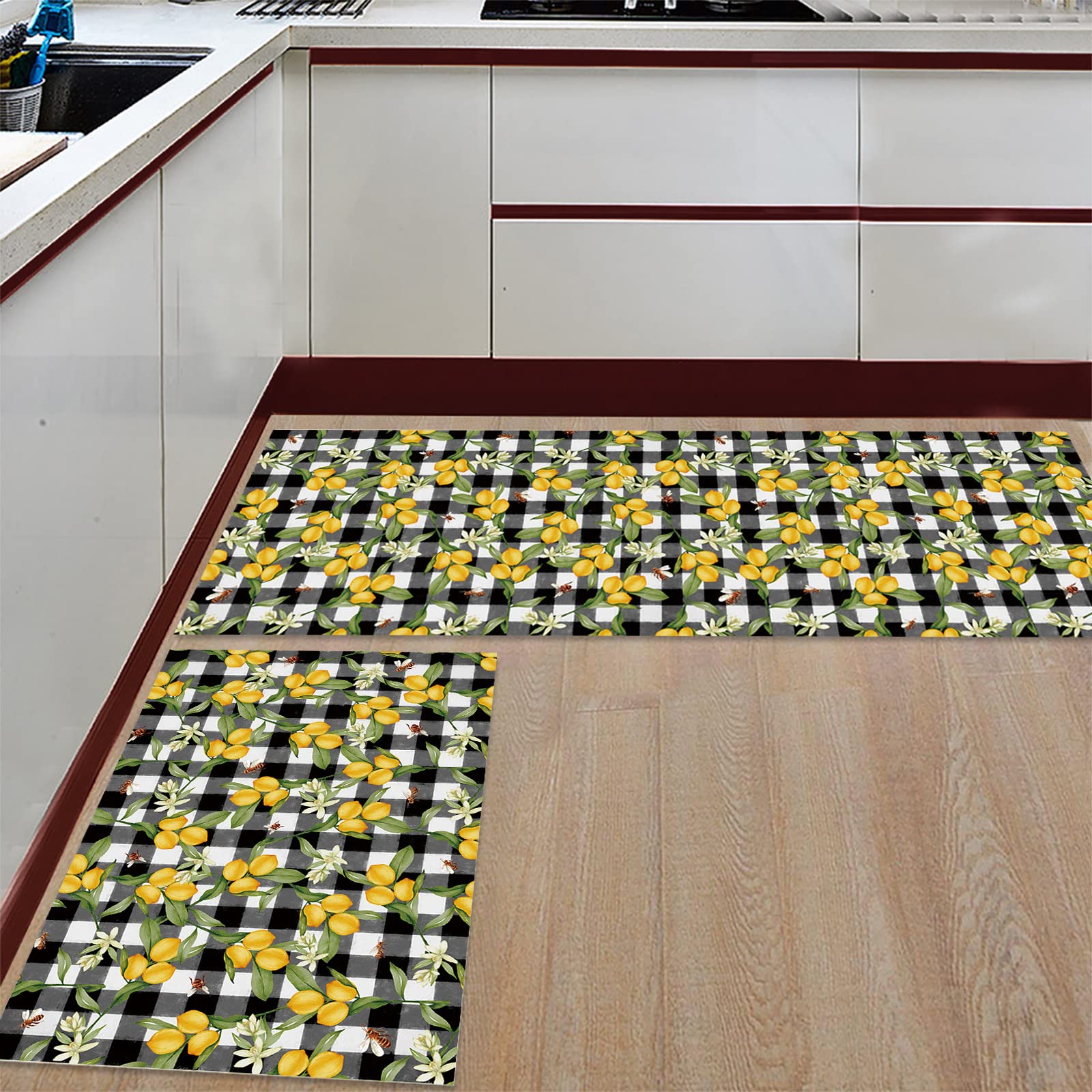 Non-Slip Kitchen Mat Set - 2-Piece Cushioned Floor Mats with Lemon Fruit Design for Comfortable Standing in Kitchen
