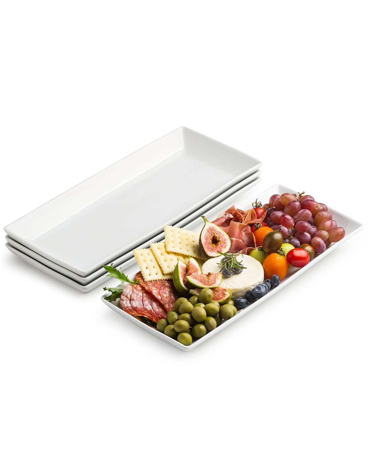 White Porcelain Serving Platters Set of 4 - 14-inch Large Rectangle Trays for Steak, Tacos, Sushi & Appetizers | Christmas Party Entertaining Dishes | Perfect for Holiday Gatherings, Buffet Serving & Home Decor