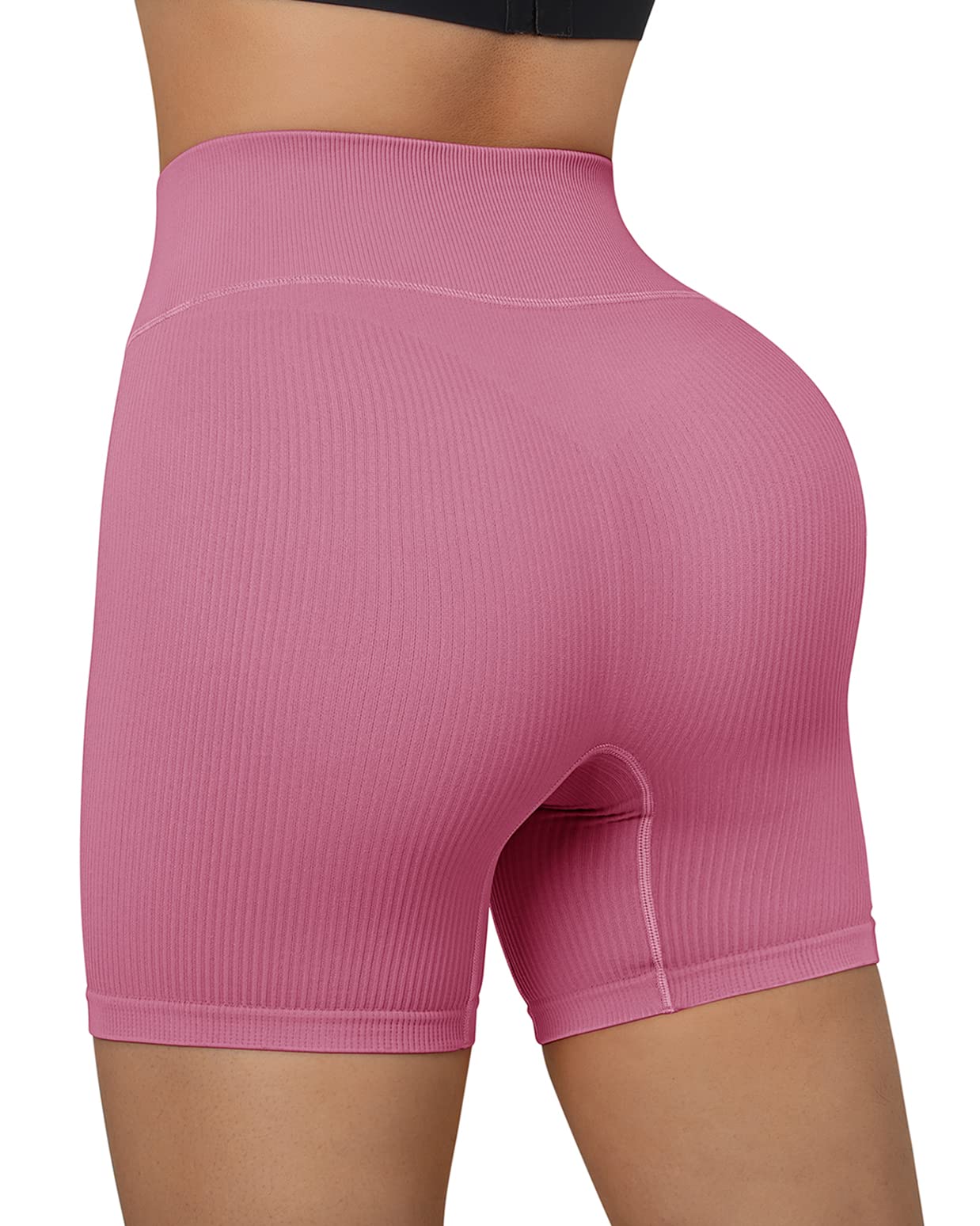 OMKAGI Women's High Waisted Ribbed Seamless Workout Shorts - Soft Squat Proof Biker Shorts for Yoga, Running & Gym (Medium, Hot Pink, 3-Inch Inseam) - Perfect for Fitness, Lounge & Summer Activities