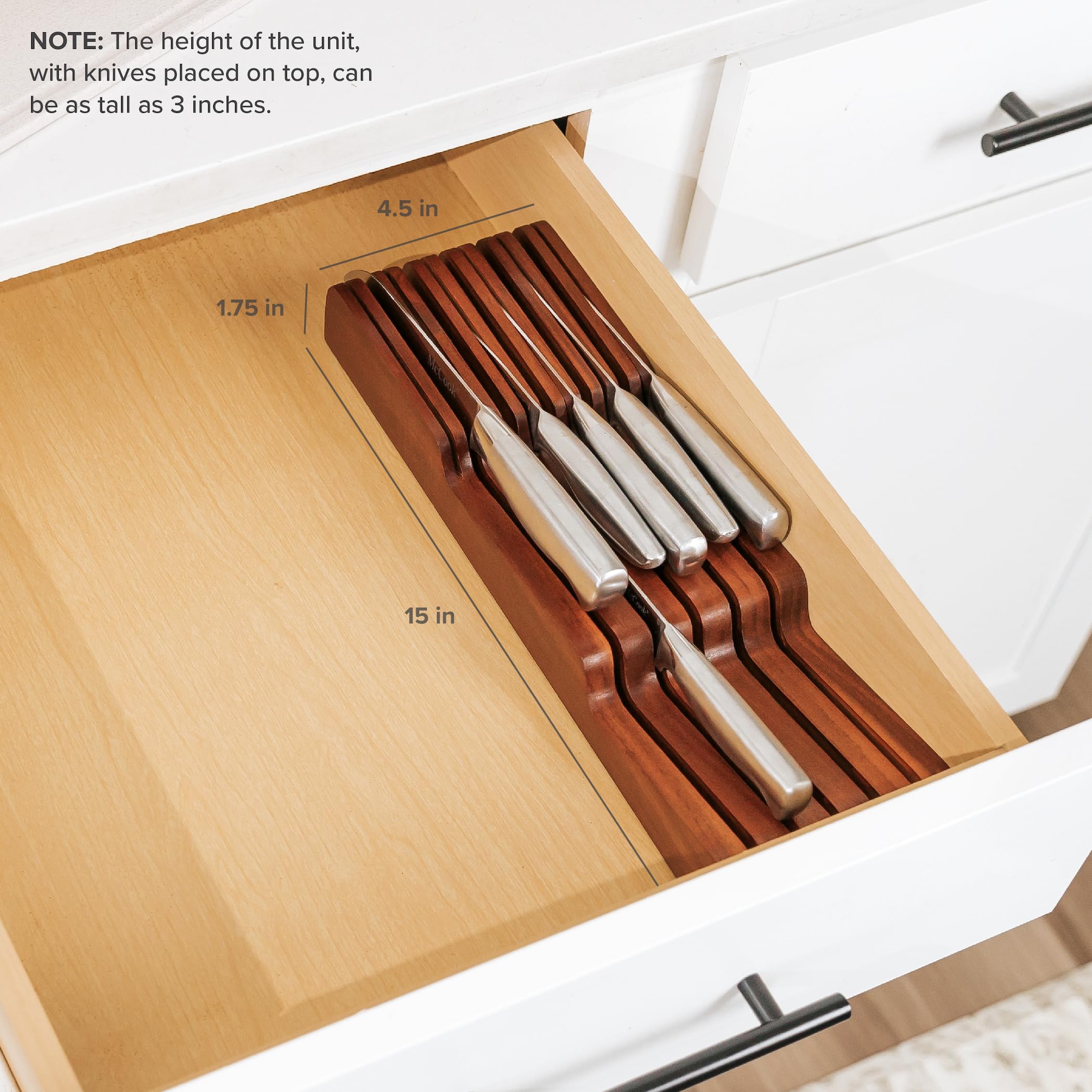 Premium Acacia Wood Knife Block Holder - Organizer for 5 Long & 6 Short Knives (Not Included), Universal Fit with Rubber Feet & Food-Safe Finish | In-Drawer Kitchen Storage for Countertop or Cabinet Use