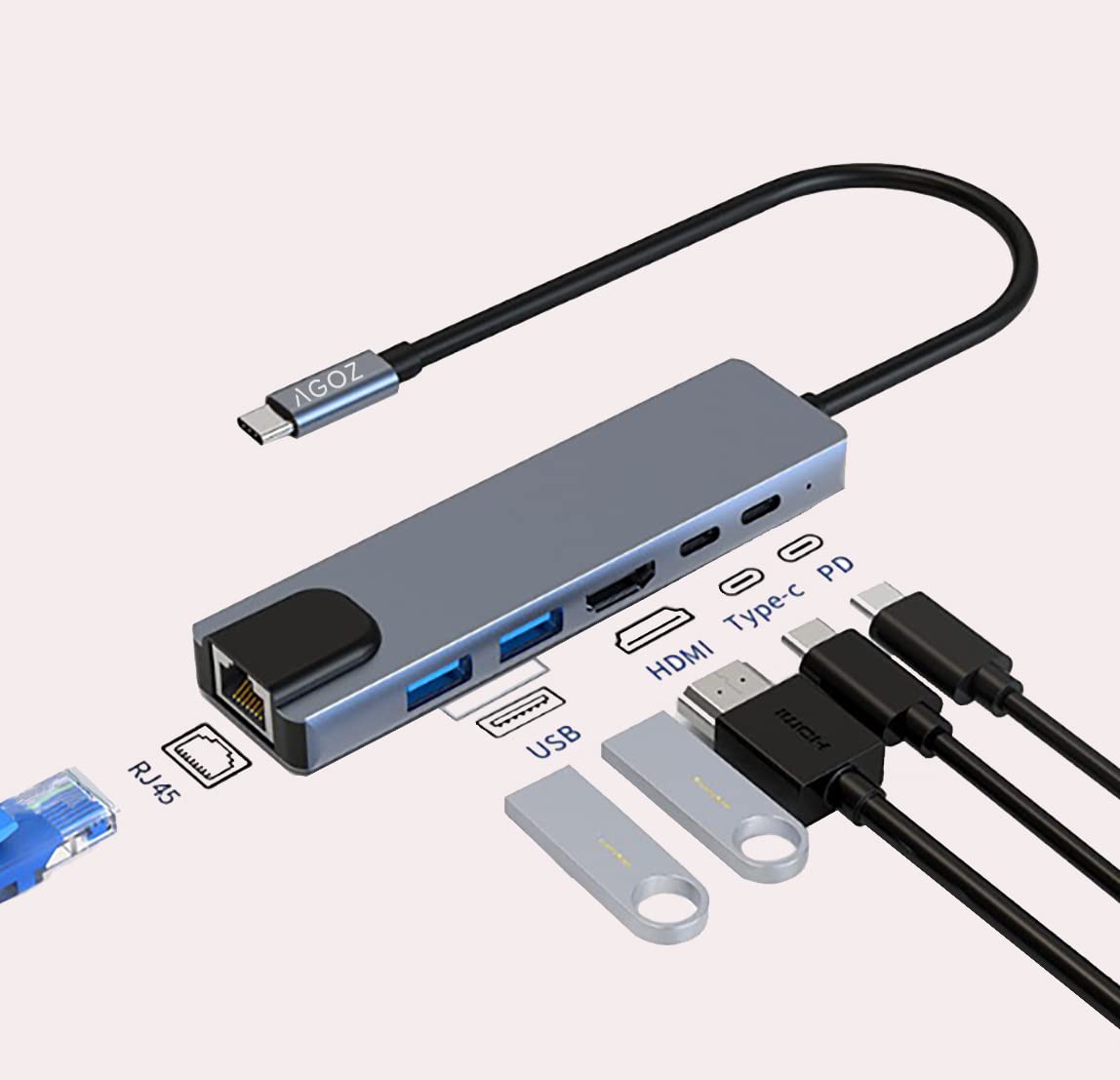 6-in-1 USB C Hub with Ethernet - 4K HDMI, 100W PD Charging, 1Gbps LAN, 2 USB 3.0 Ports - Compatible with MacBook Pro/Air, iPad Pro, Dell XPS, Mac M1/M2 - Perfect for Home Office, Remote Work & Travel