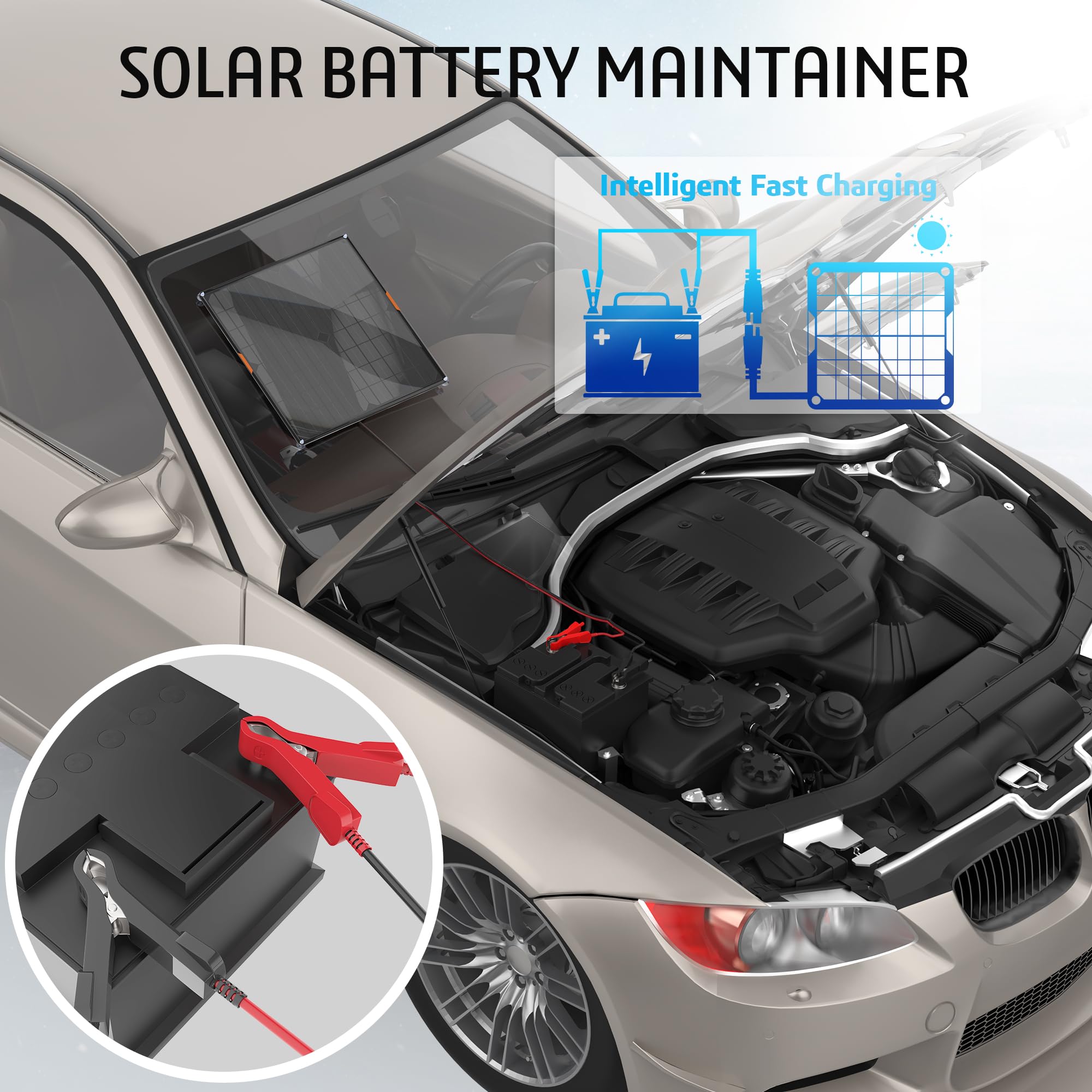 OYMSAE 10W 12V Solar Panel Car Battery Charger - Portable Waterproof Solar Power Trickle Charger & Maintainer for Car, Boat, RV, Automotive - with Cigarette Lighter Plug & Alligator Clips - Perfect for Outdoor Camping, Road Trips & Emergency Power Backup