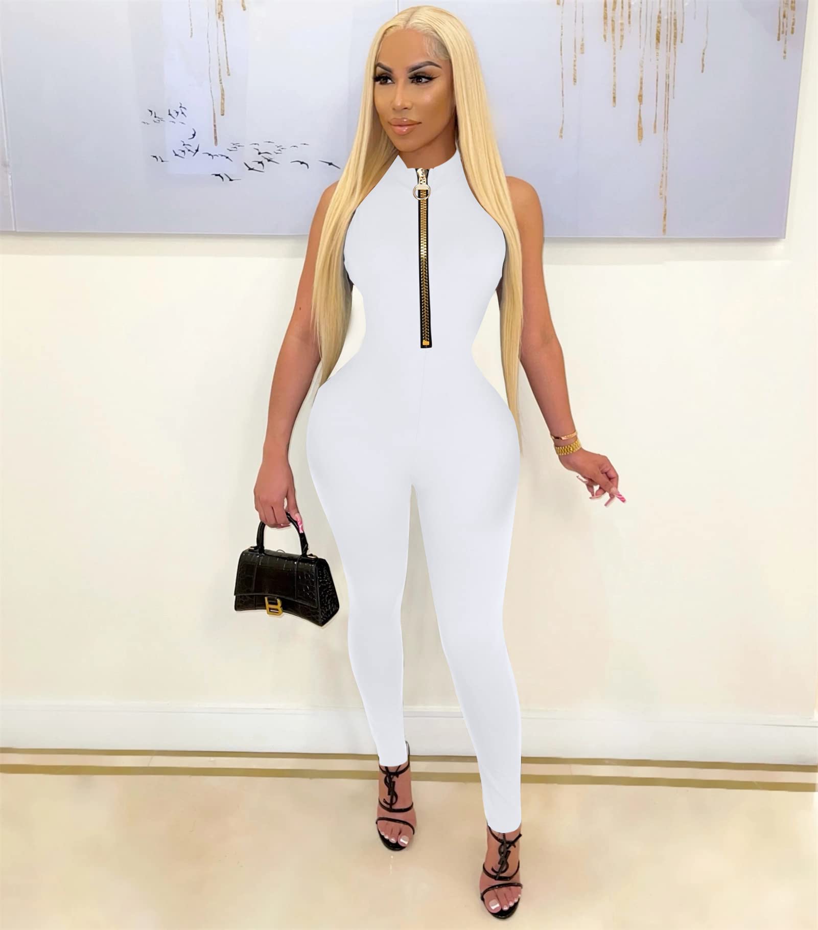 Sexy Women's Bodycon Jumpsuit - Long Sleeve V-Neck Zipper One Piece Outfit | Perfect for Date Night, Club Wear & Evening Parties