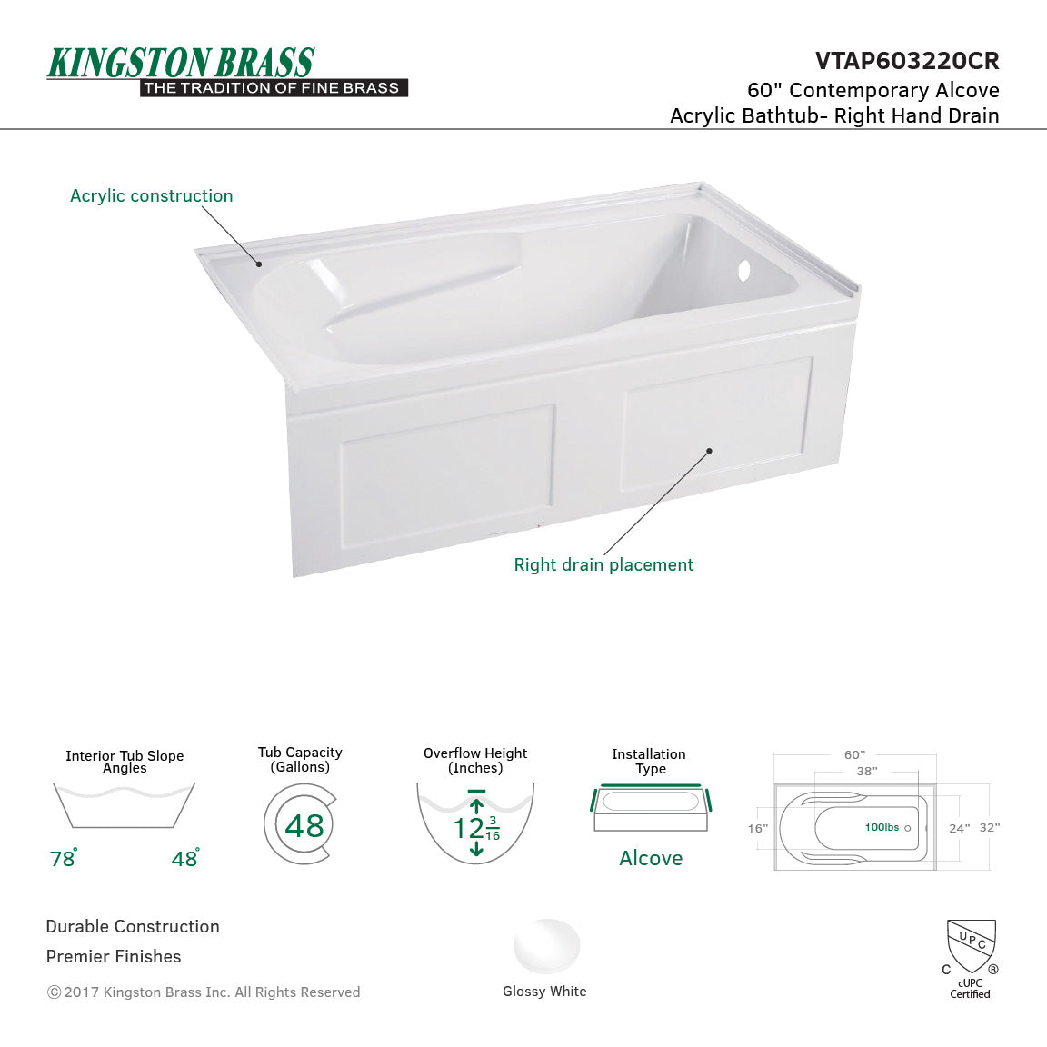 Aqua Eden VTAP603220CR 60-Inch Acrylic Rectangular 3-Wall Alcove Bathtub with Anti-Slip Surface & Right Drain Hole - Glossy White - Perfect for Modern Bathrooms, Spa-Like Relaxation, and Small Space Solutions