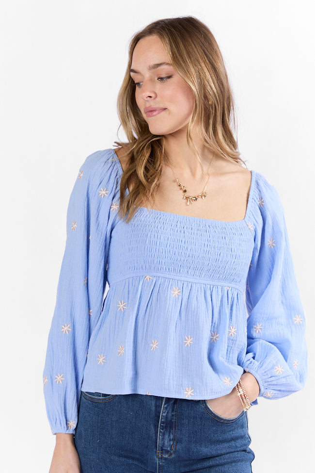Darling Days Blue Floral Embroidered Gauze Top - Women's Boho Chic Blouse for Summer, Beach, and Casual Outings