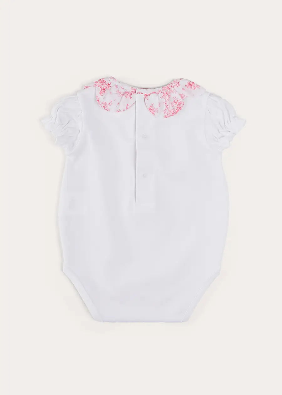 Audrey Toile Scallop Collar Short Sleeve Bodysuit for Baby Girls 1-24 Months - Pink Floral Romper for Newborn Infant & Toddler - Perfect for Photoshoots, Parties & Everyday Wear