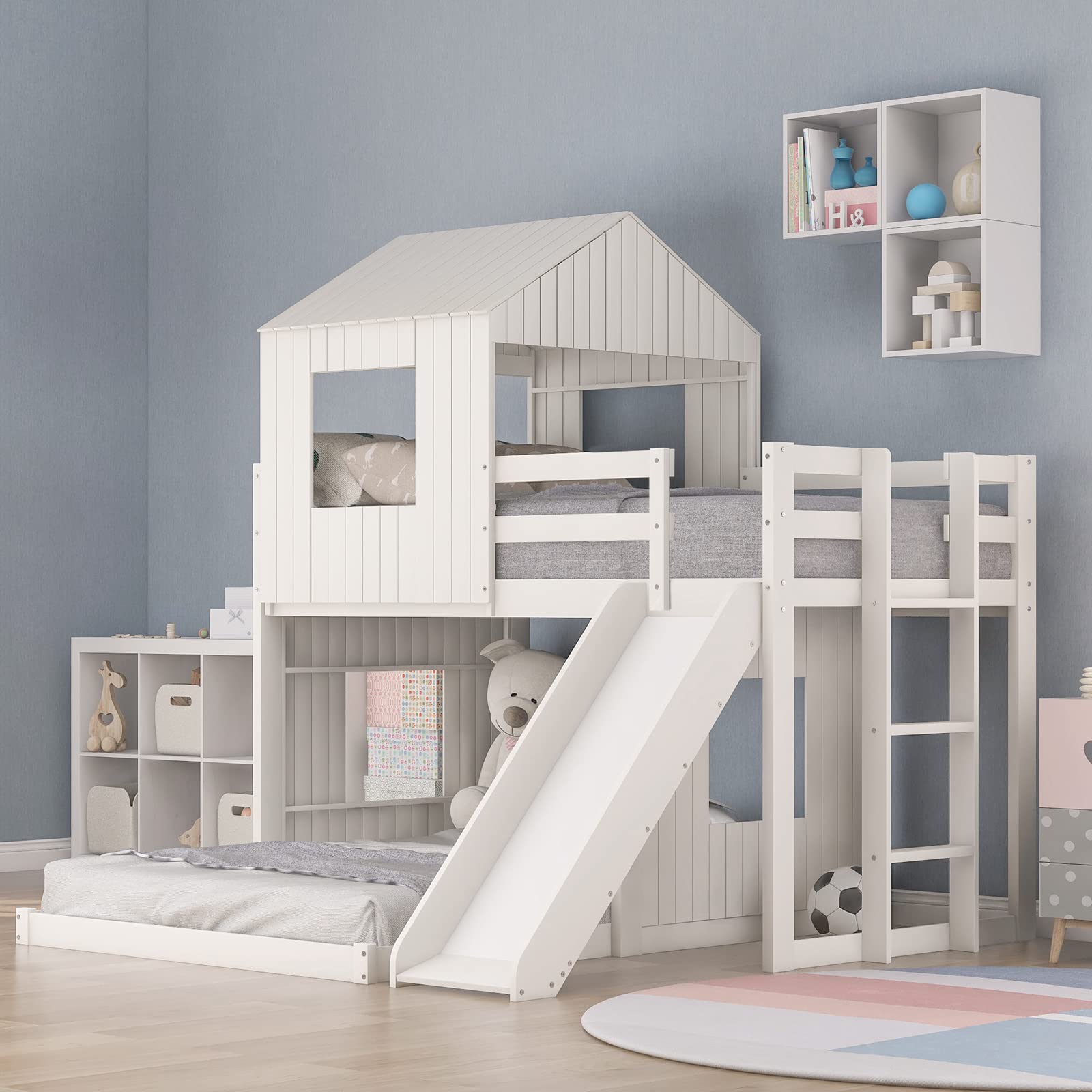 Doredo Twin Over Full Size Wooden Bunk Bed with Slide, Ladder, Roof & Guardrail - Low Profile House Style Bed for Kids & Teens - Perfect for Small Bedrooms, Playrooms & Sleepovers (Antique White)