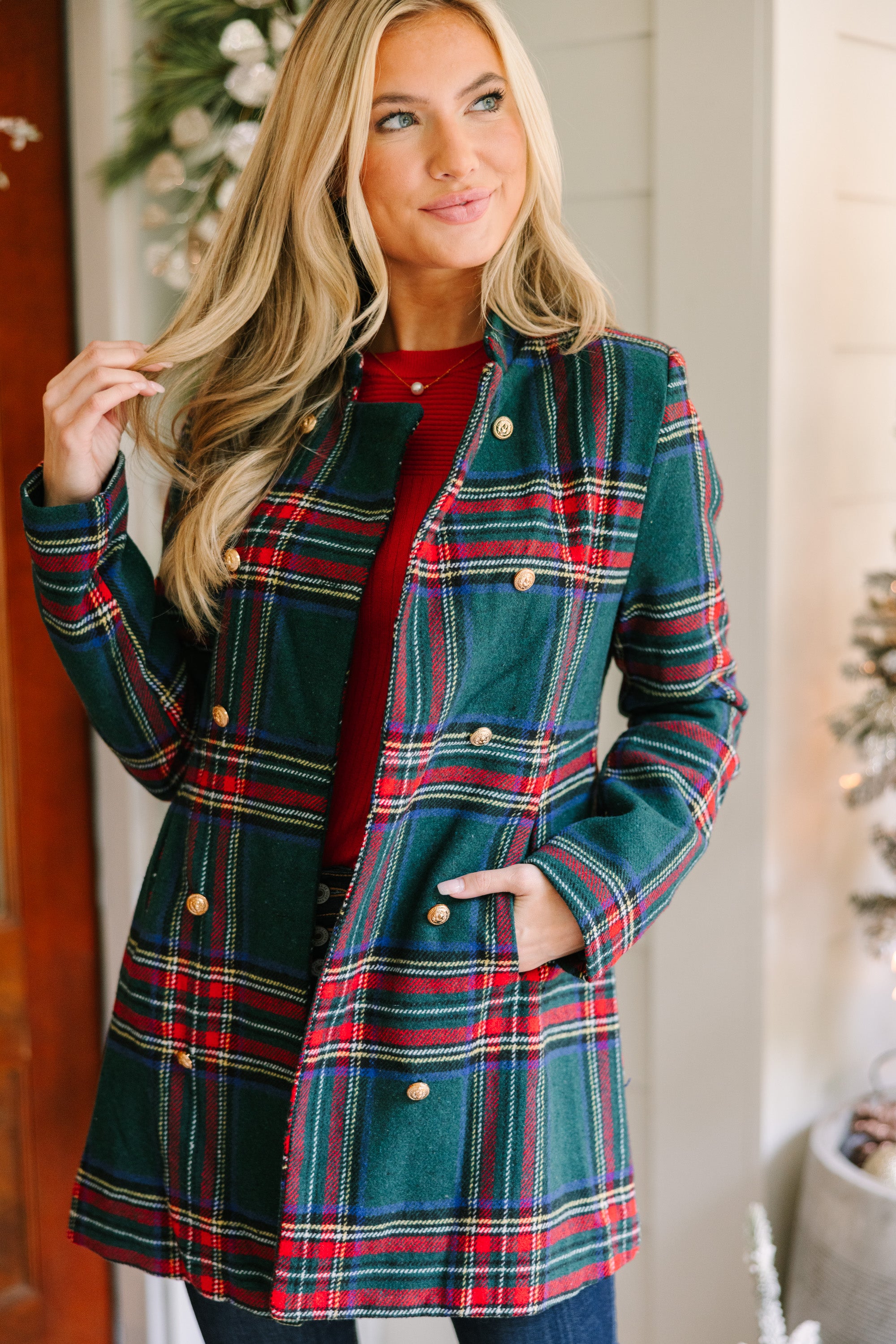 Stylish Emerald Green Plaid Coat for Women - Trendy Winter Jacket with Pockets - Perfect for City Streets, Office & Casual Outings