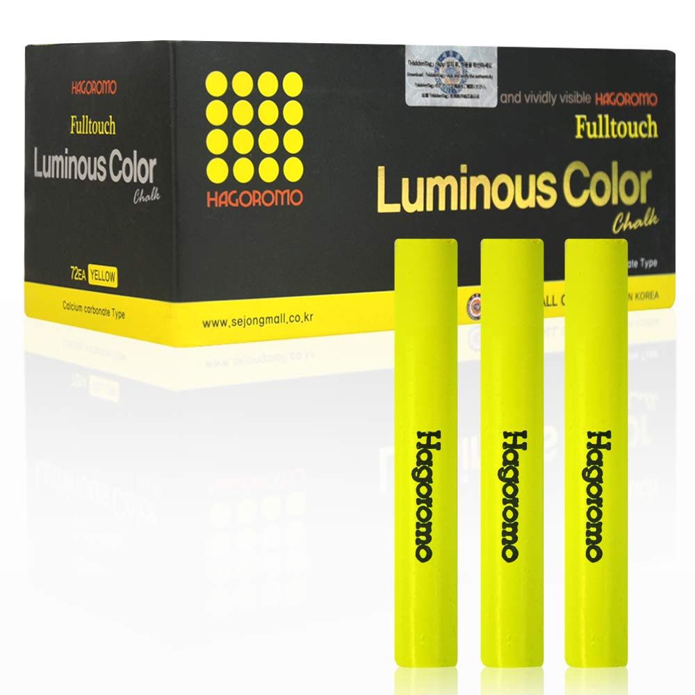 Hagoromo Fulltouch Luminous Chalk - Non-Toxic & Dustless Chalk Set [72 Pieces/Yellow] for Classroom, Blackboard, Teaching & Art Projects