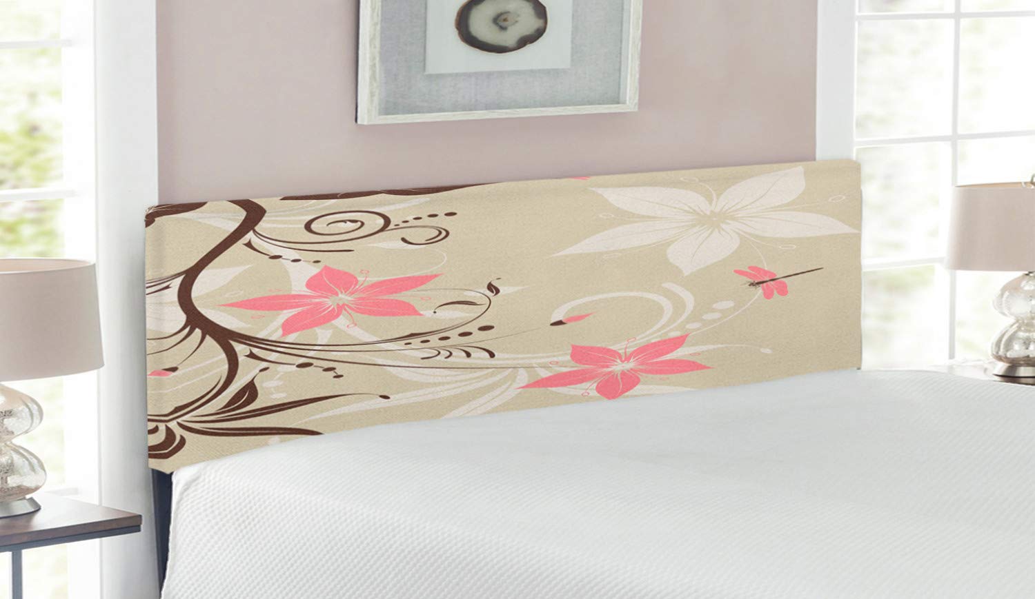 Ambesonne Dragonfly Upholstered Headboard - Floral & Spiral Foliage Print, Memory Foam Padding, Queen Size Metal Bed Frame in Brown Tan - Perfect for Bedroom Decor & Guest Room Makeovers