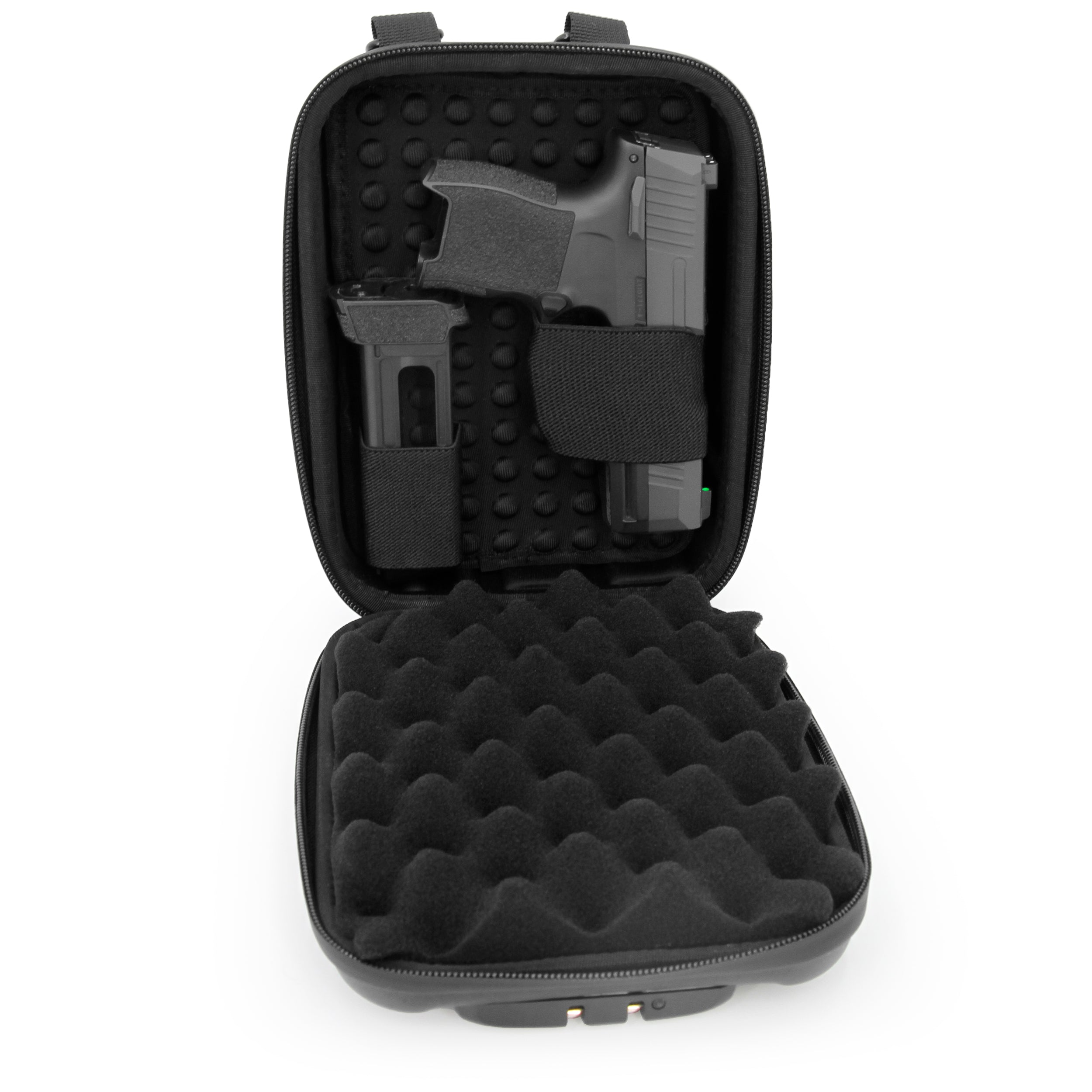CASEMATIX Concealed Carry Locking Pistol Case for 9mm Handguns & Extra Magazines - Portable EVA Water Resistant Gun Bag with Shoulder Strap - Ideal for Range, Travel & Secure Storage