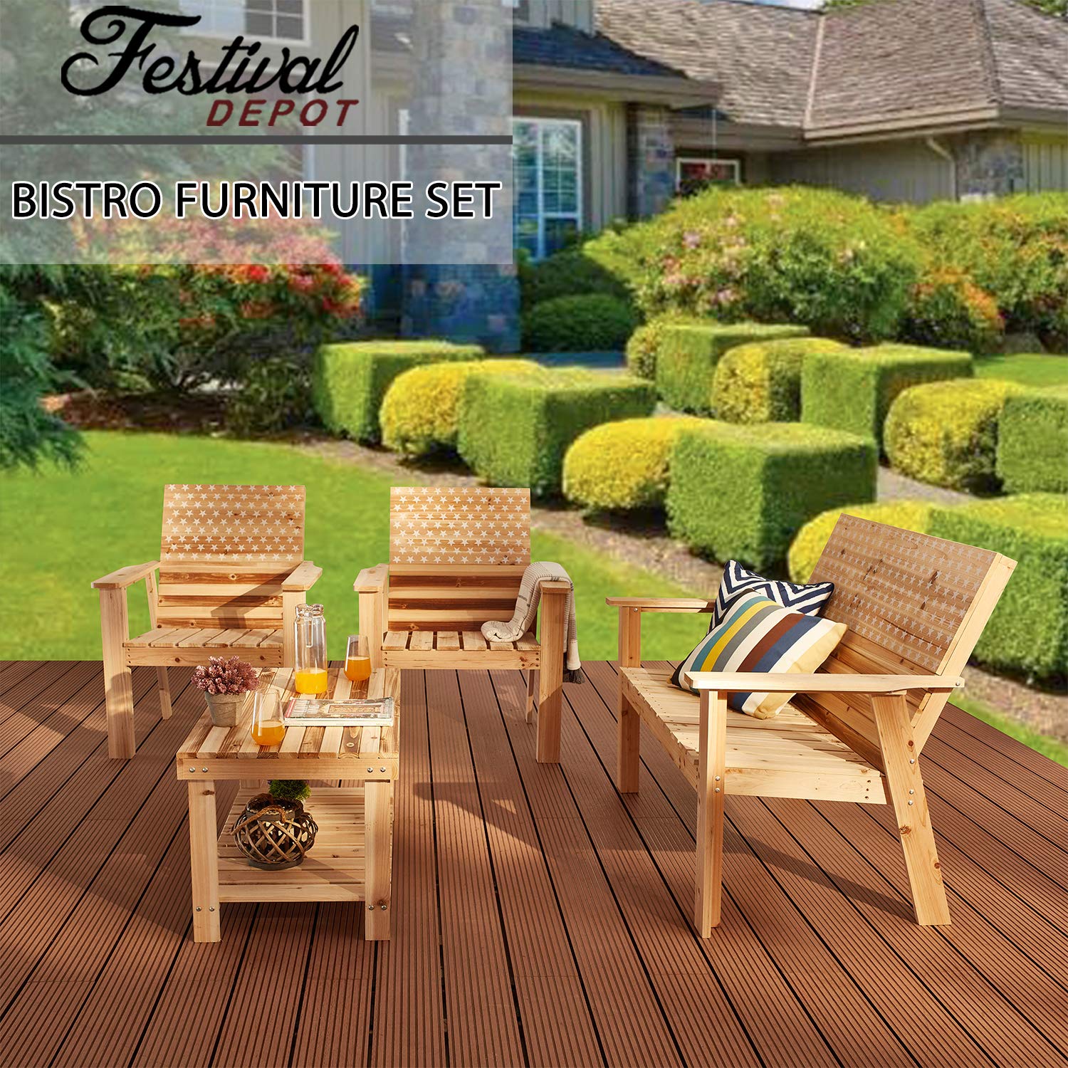 4-Piece Outdoor Patio Furniture Set with Wood Armrest Loveseat, Lounge Chair & Stars-Stripes Printed Coffee Table - Perfect for Backyard, Garden, Poolside Relaxation & Entertaining