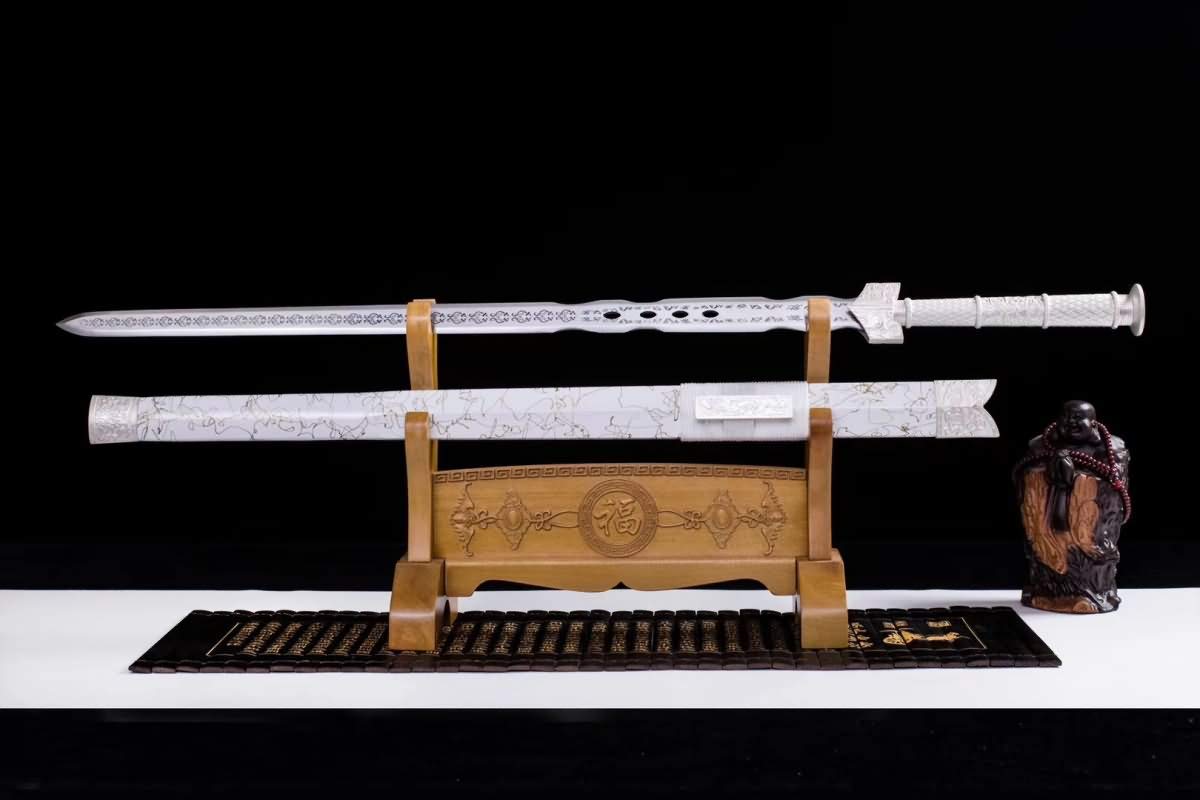 Handmade Forged High Carbon Steel Etched Blade Chinese Han Jian Sword with Alloy Handle - Authentic Martial Arts Weapon for Collection, Cosplay & Display