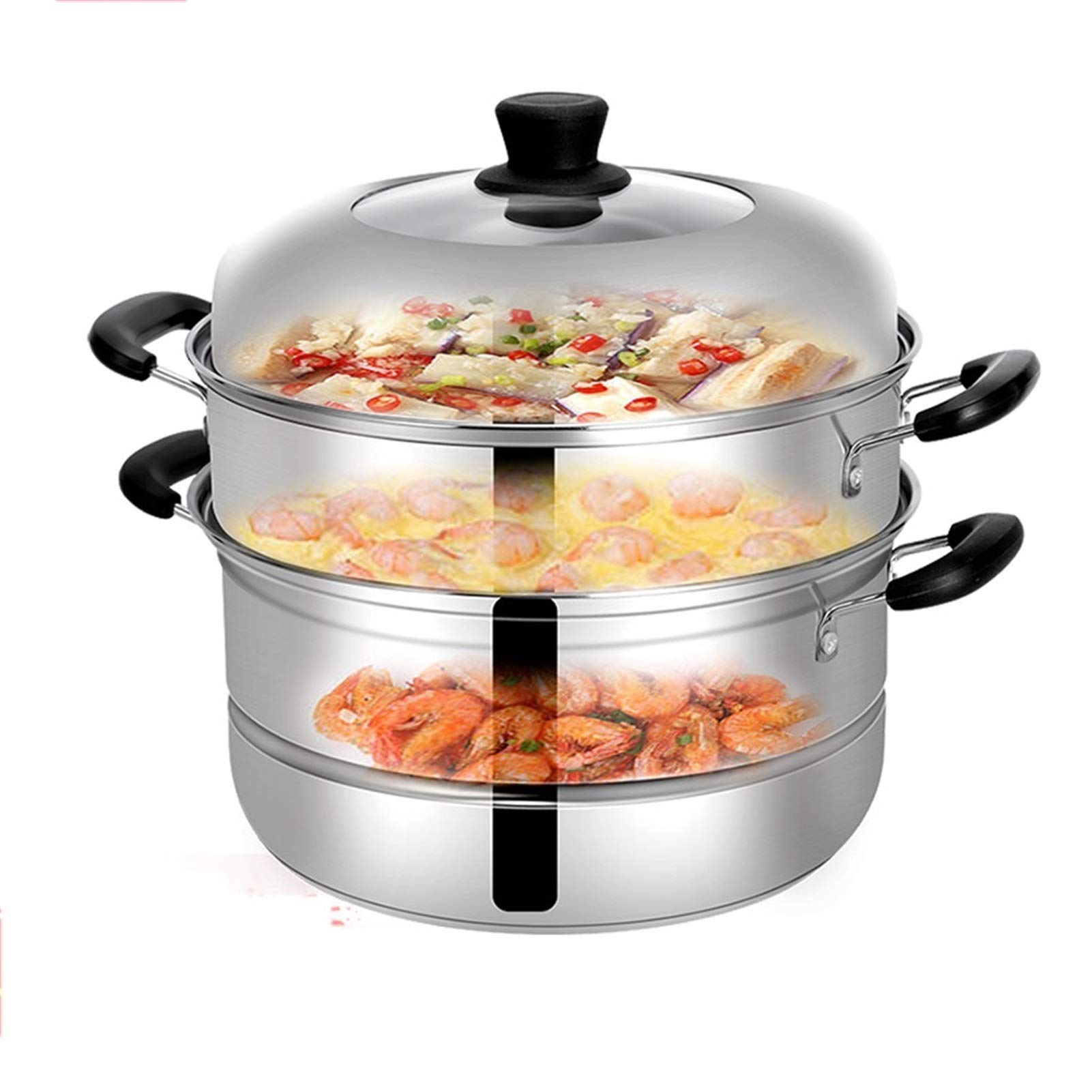 3-Tier Stainless Steel Steamer Pot with Tempered Glass Lid - Multi-Purpose Cookware for Electric, Induction, Grill Stovetops - Dishwasher Safe - Perfect for Dumplings, Vegetables, Seafood & Meal Prep