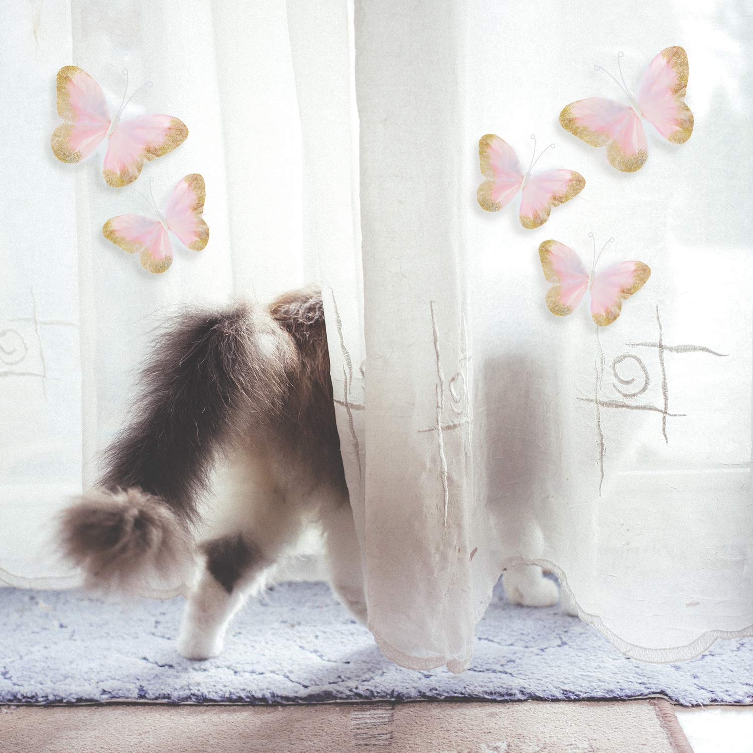 16-Piece 3D Gold Glitter Butterfly Wall Decals - Feather Butterfly Stickers for Home, Office, Bedroom, Bathroom & Living Room Decor (Light Pink) | Perfect for Nursery, Wedding, Party & DIY Wall Art Projects